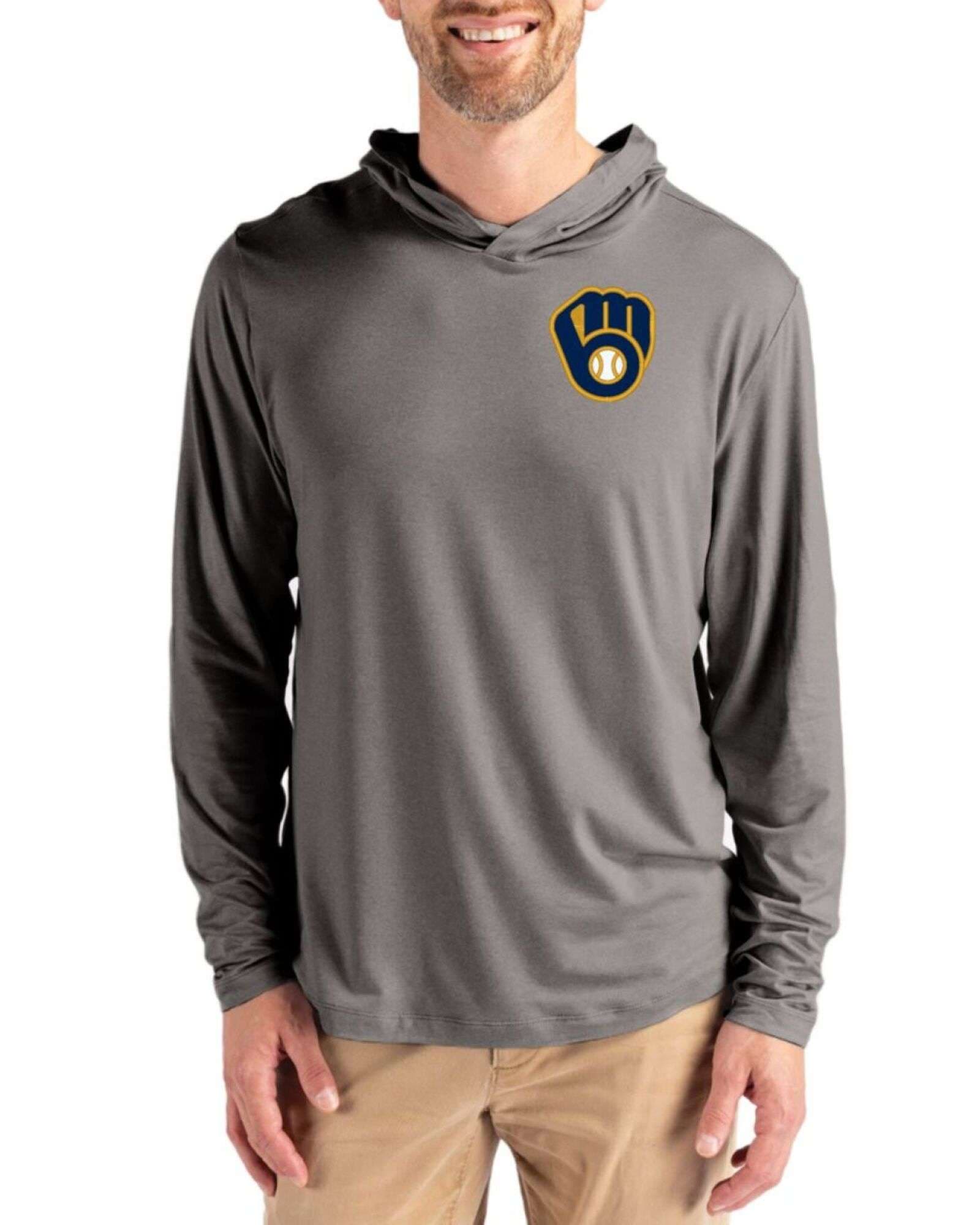 Men's Milwaukee Brewers Cutter & Buck Elemental Grey Coastline Double Peached Hooded Pullover