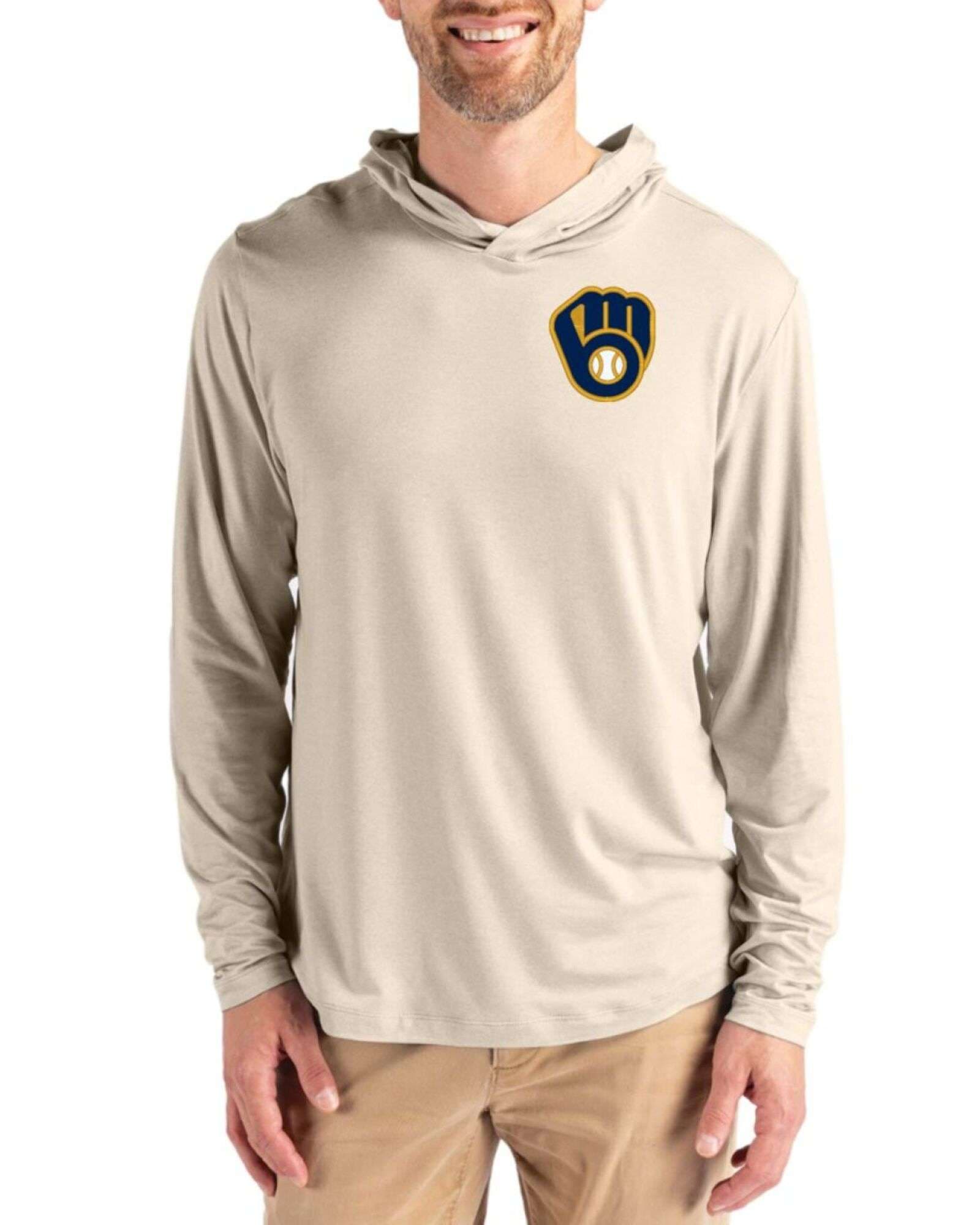 Men's Milwaukee Brewers Cutter & Buck Wheat Coastline Double Peached Hooded Pullover