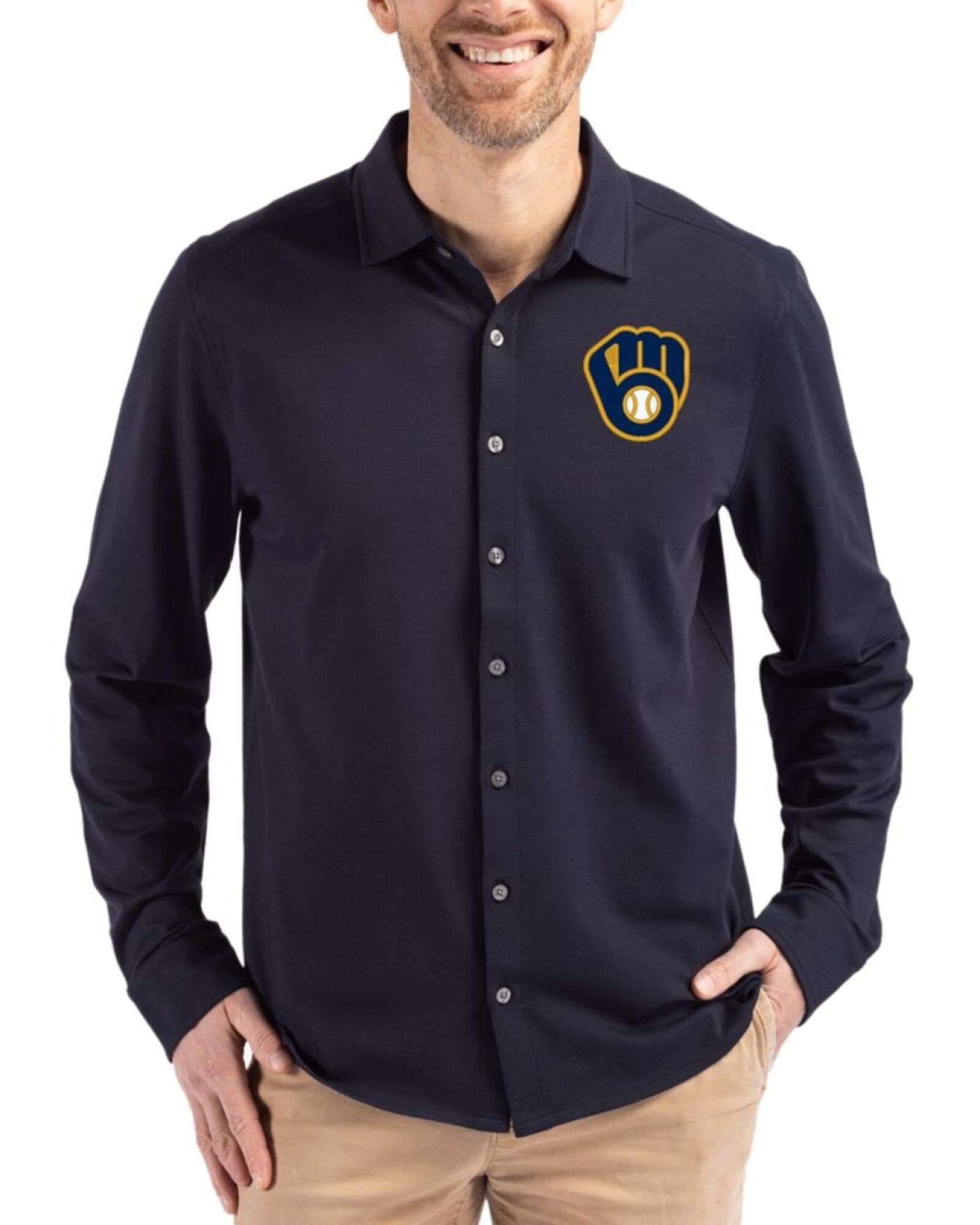 Men's Milwaukee Brewers Cutter & Buck Liberty Navy Advantage Epic Confidence Tri-Blend Pique Long Sleeve Button Down Shirt