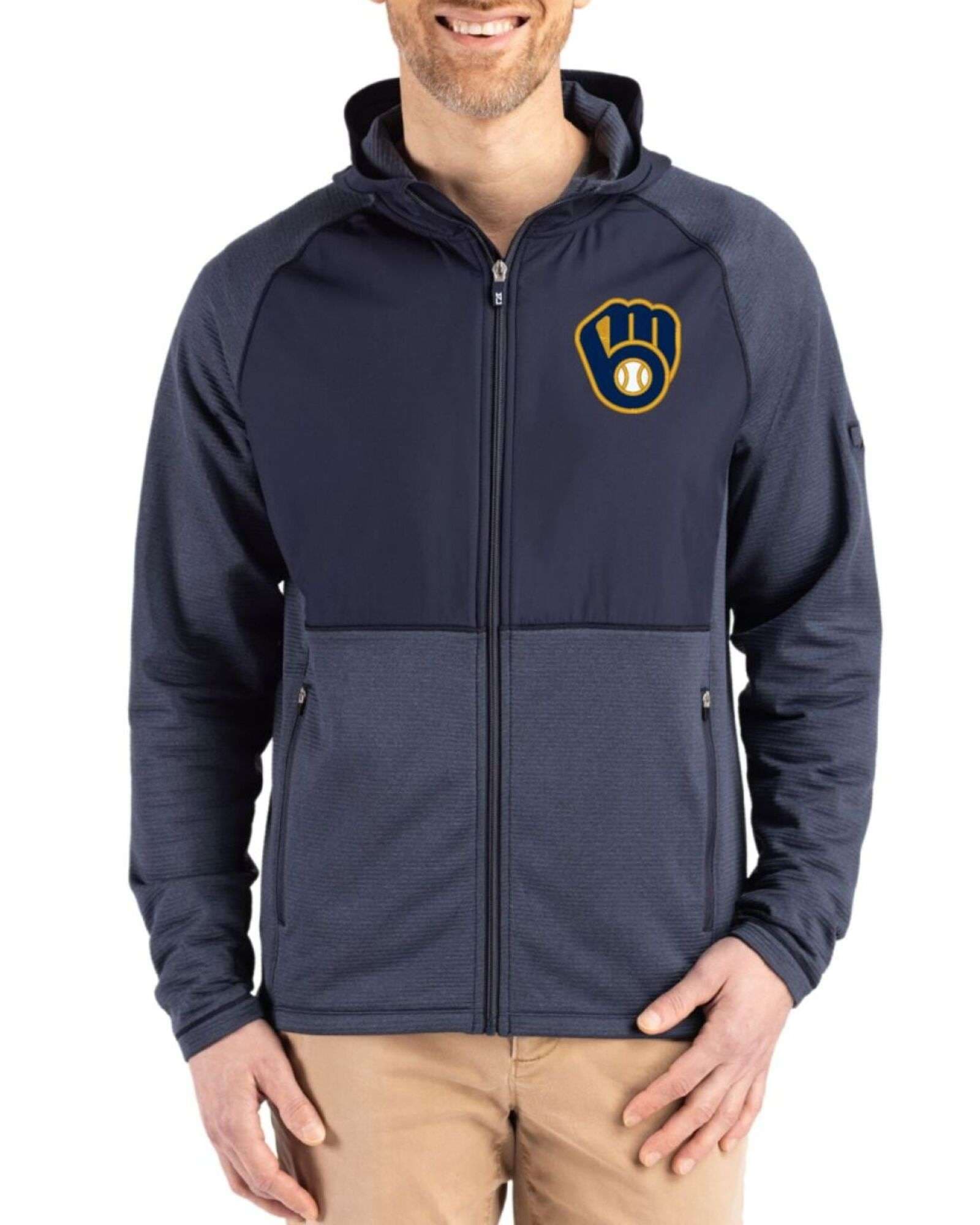 Men's Milwaukee Brewers Cutter & Buck Navy Blue Heather Peshastin Epic Versatility Hybrid Fleece Full Zip Jacket