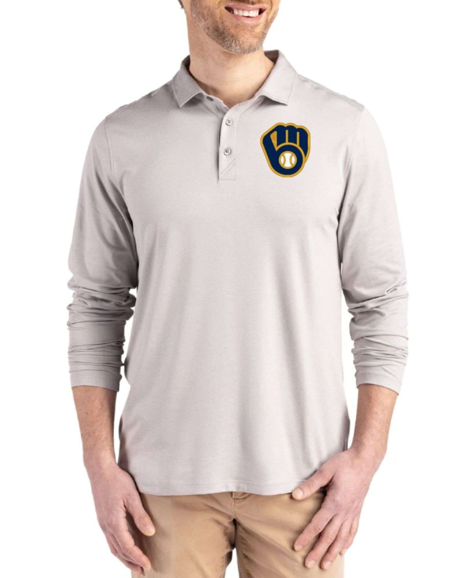 Men's Milwaukee Brewers Cutter & Buck Concrete Coastline Double Peached Long Sleeve Polo