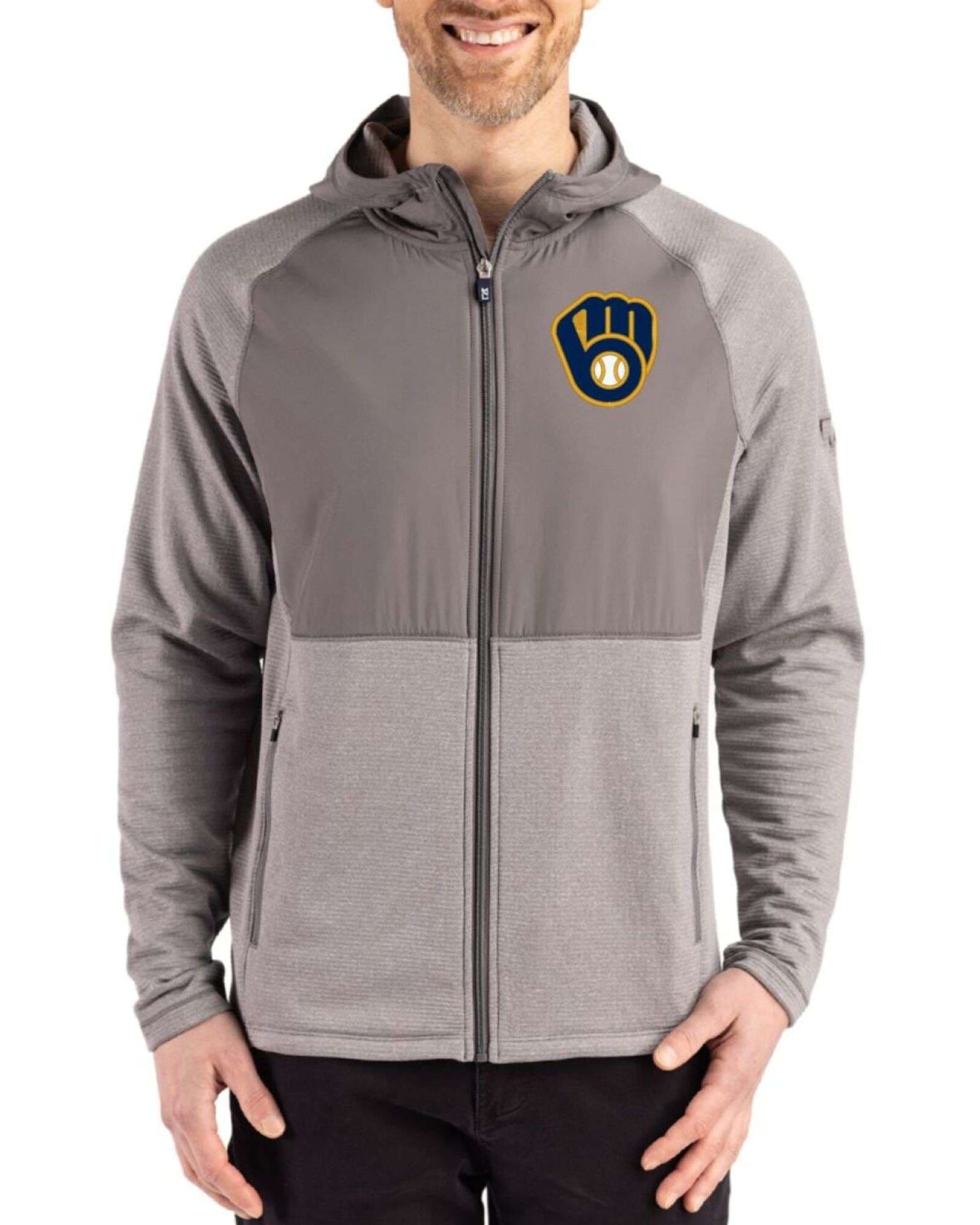 Men's Milwaukee Brewers Cutter & Buck Elemental Grey Heather Peshastin Epic Versatility Hybrid Fleece Full Zip Jacket