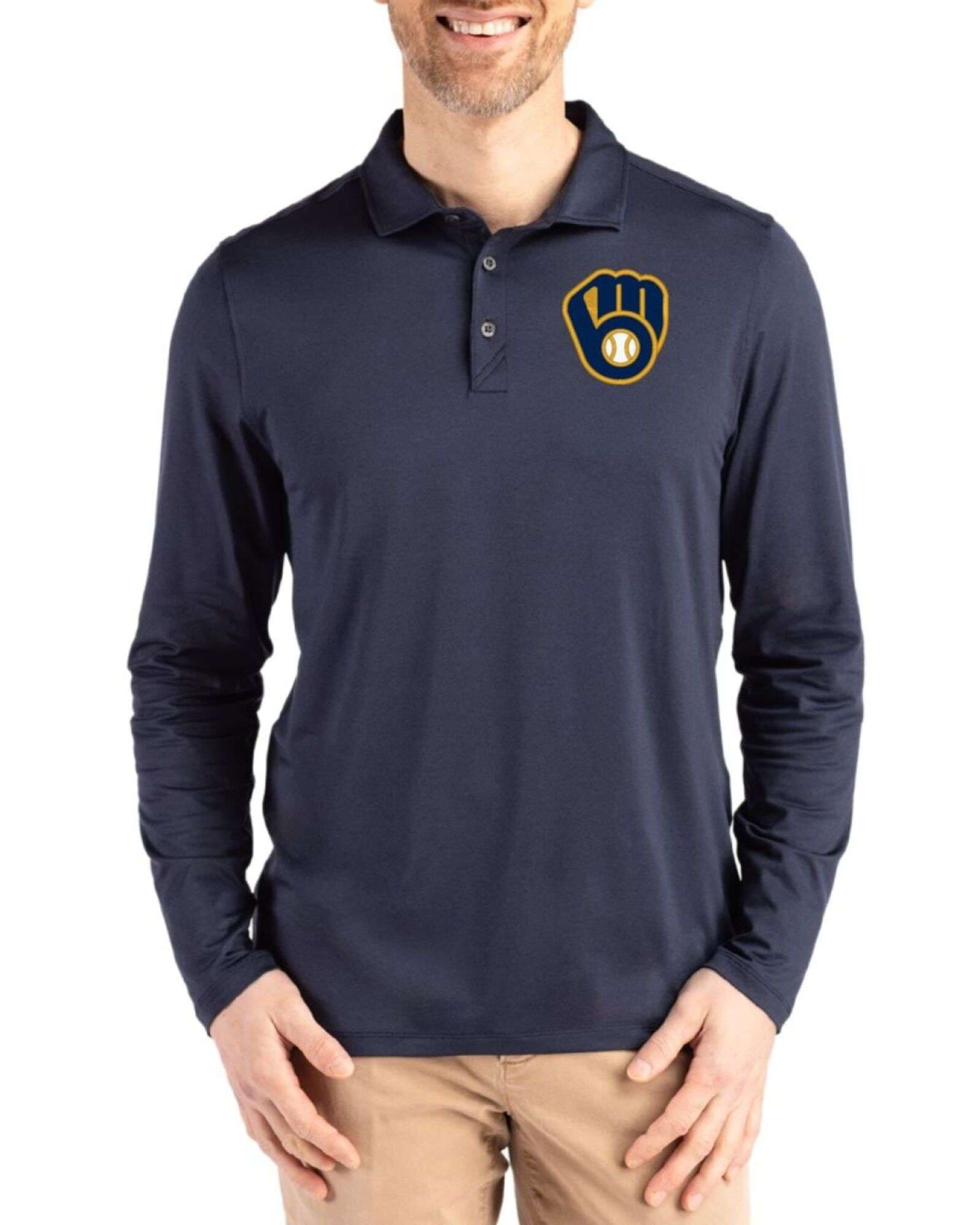Men's Milwaukee Brewers Cutter & Buck Navy Blue Coastline Double Peached Long Sleeve Polo
