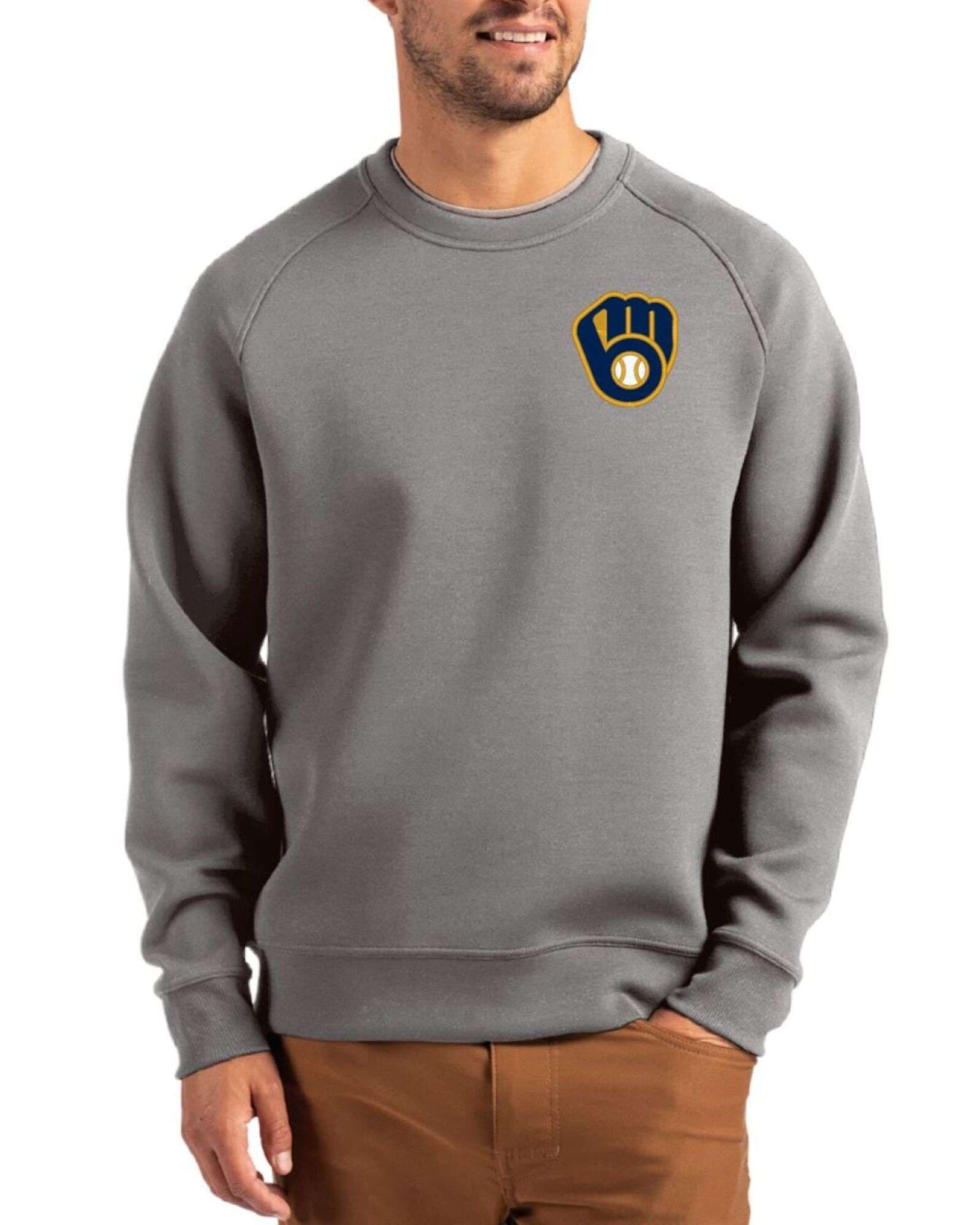 Men's Milwaukee Brewers Cutter & Buck Elemental Grey Roam Buttery-Soft Knit Crew Neck Pullover