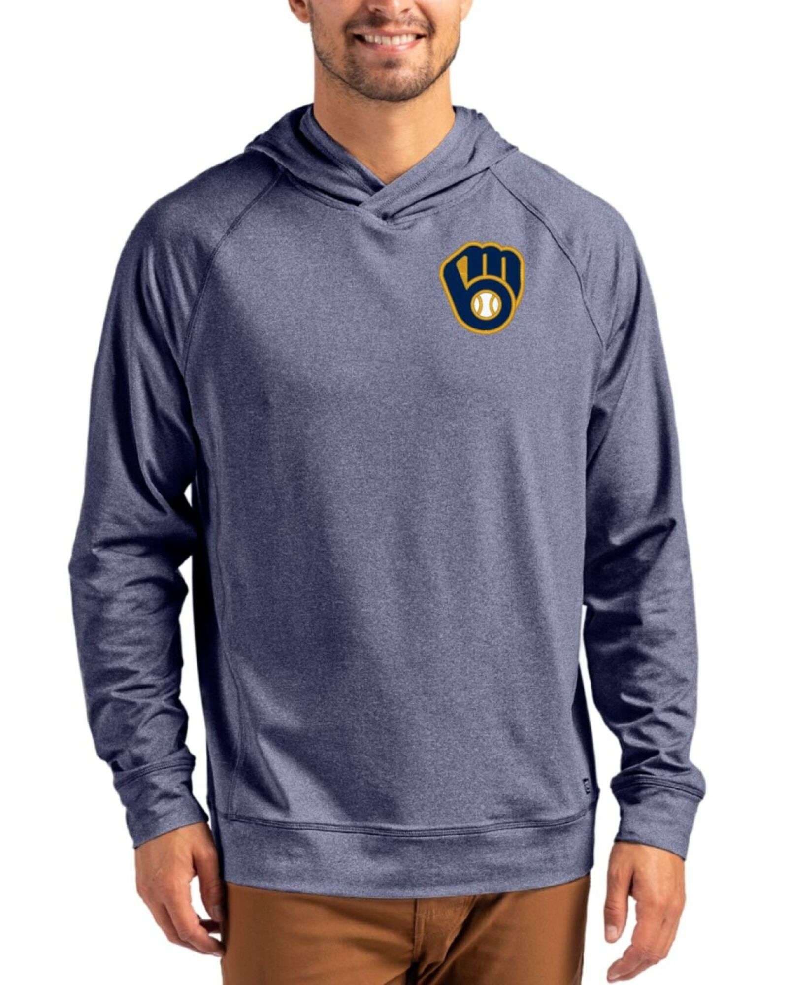 Men's Milwaukee Brewers Cutter & Buck Navy Blue Heather Adapt Soft Knit Stretch Heathered Hooded Pullover