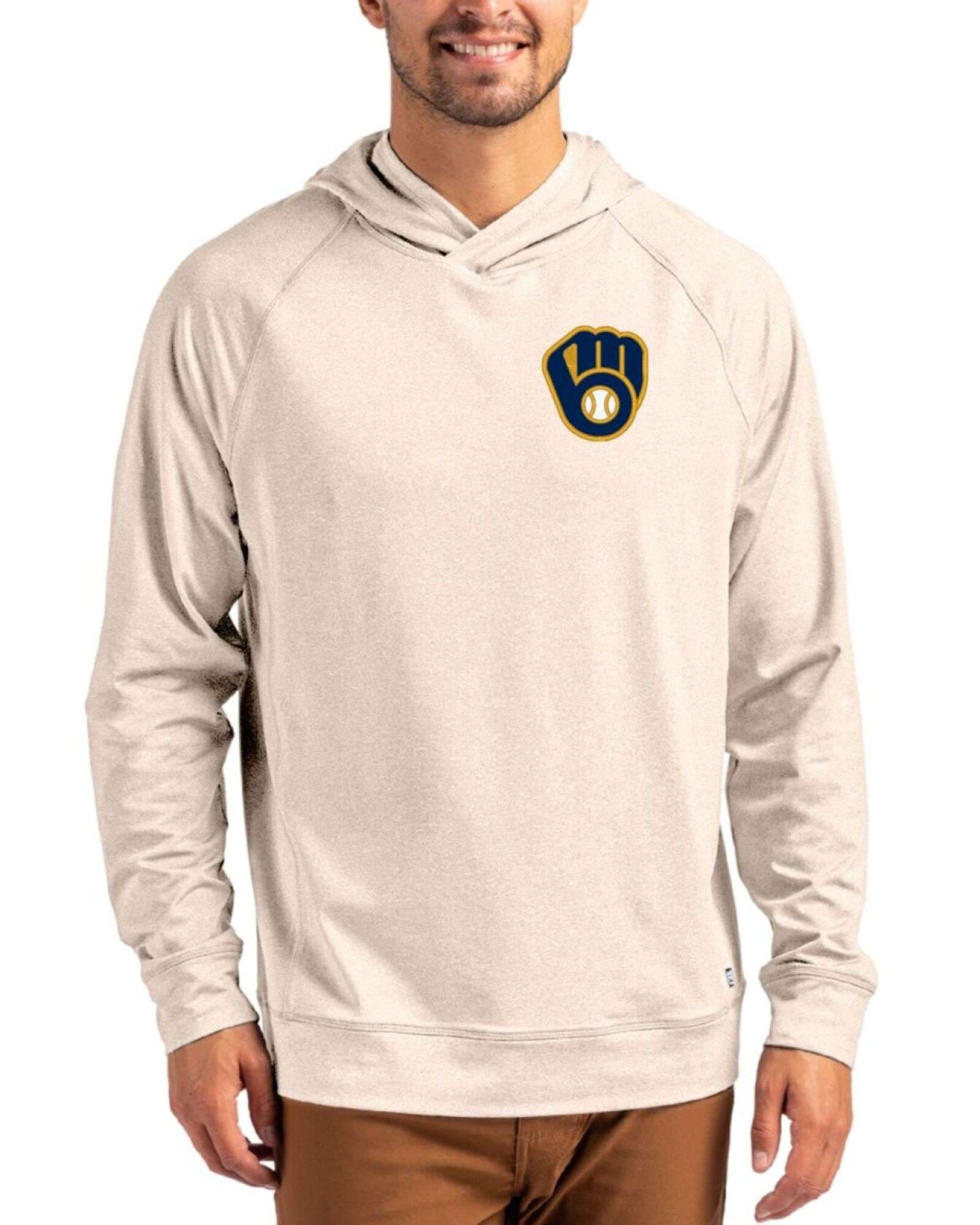 Men's Milwaukee Brewers Cutter & Buck Wheat Heather Adapt Soft Knit Stretch Heathered Hooded Pullover