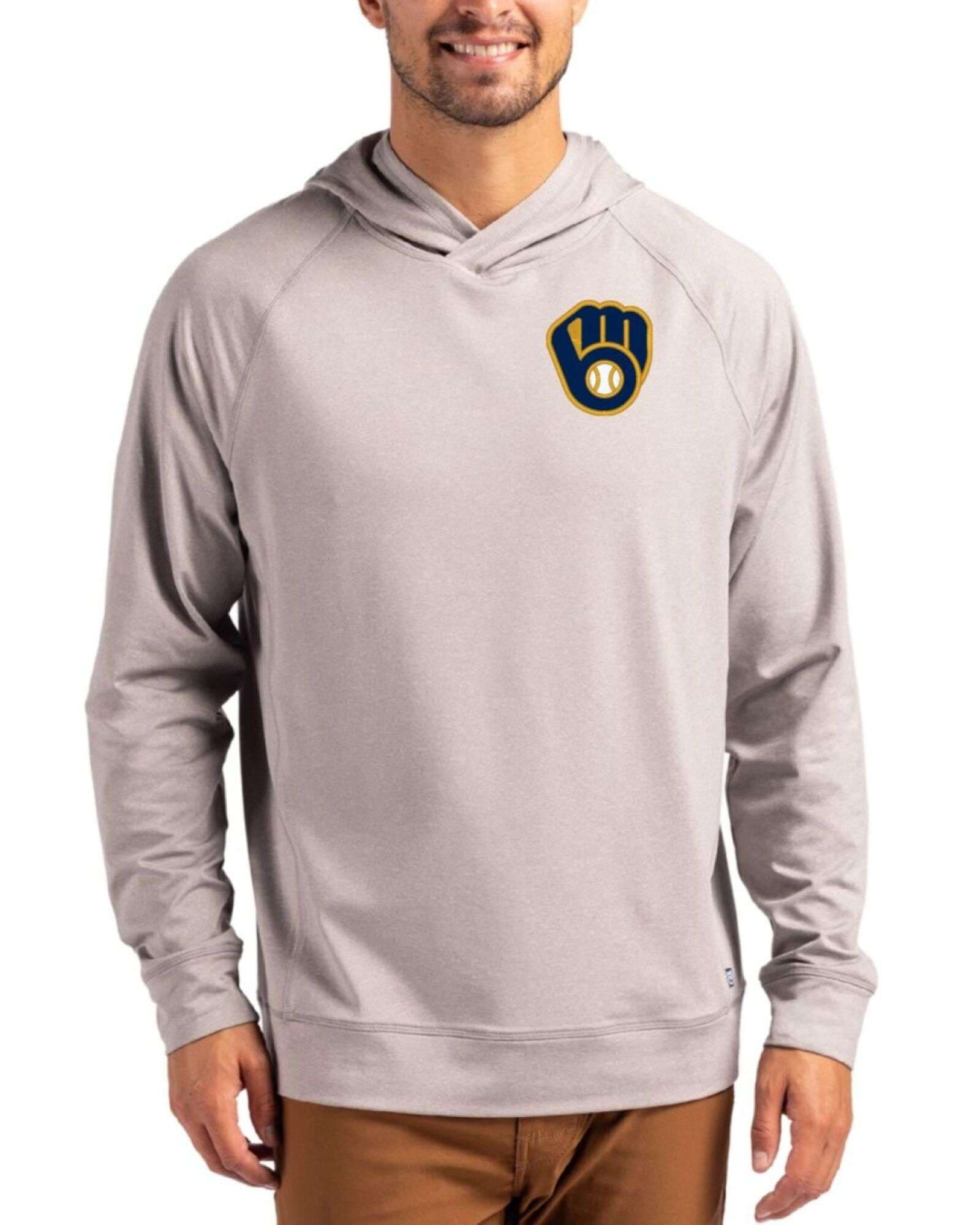 Men's Milwaukee Brewers Cutter & Buck Polished Heather Adapt Soft Knit Stretch Heathered Hooded Pullover