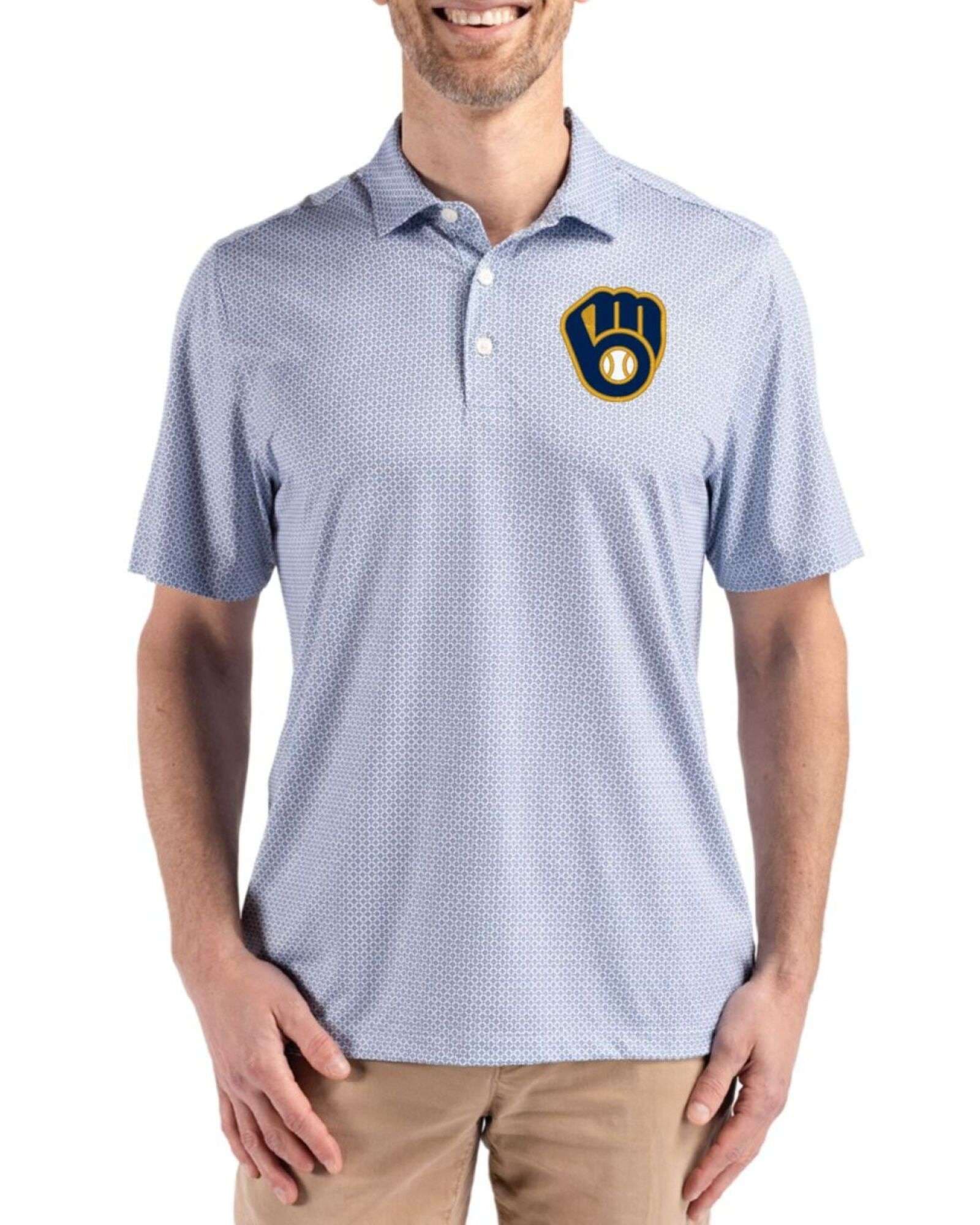 Men's Milwaukee Brewers Cutter & Buck Navy Blue Pike Diamond Dot Print Polo