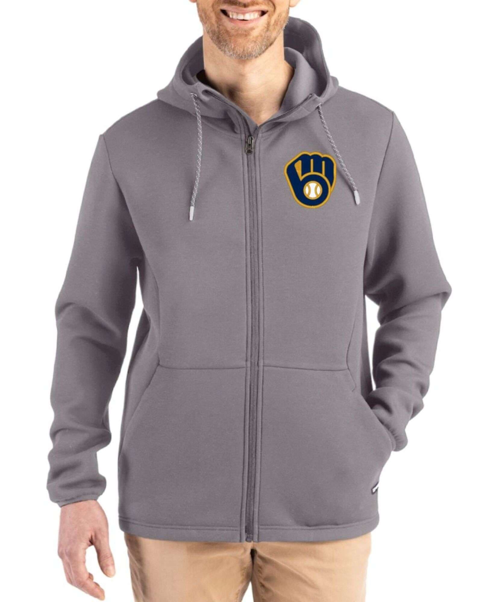 Men's Milwaukee Brewers Cutter & Buck Elemental Grey Roam Buttery-Soft Knit Full Zip Hooded Jacket
