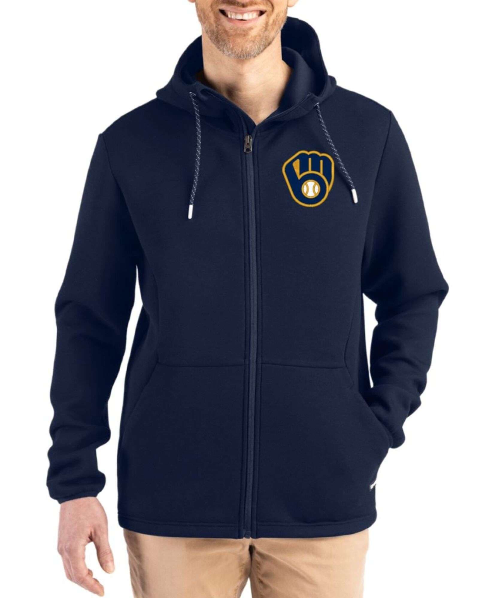 Men's Milwaukee Brewers Cutter & Buck Navy Blue Roam Buttery-Soft Knit Full Zip Hooded Jacket