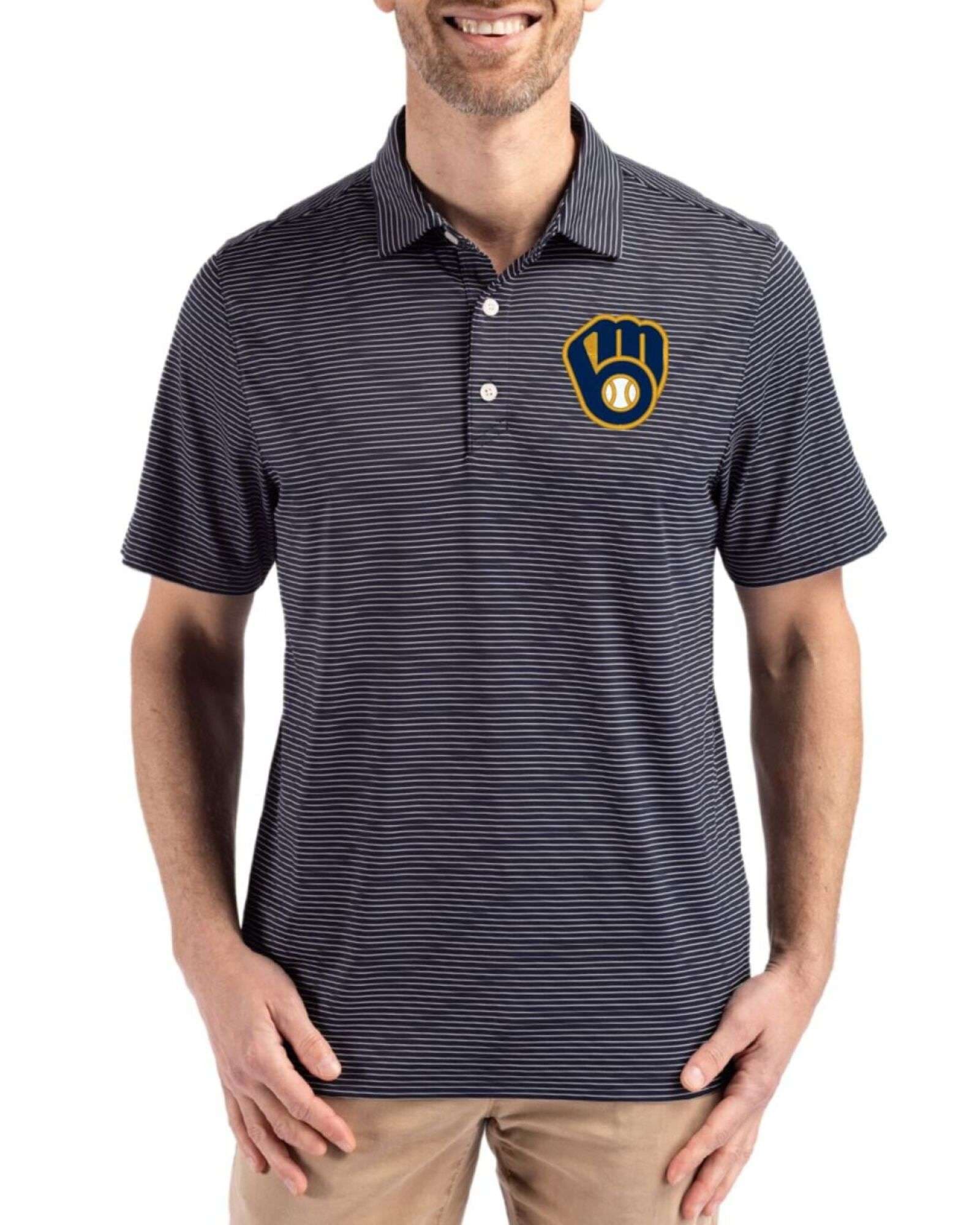Men's Milwaukee Brewers Cutter & Buck Navy Blue/White Forge Fine Line Stripe Four-Way Stretch Polo