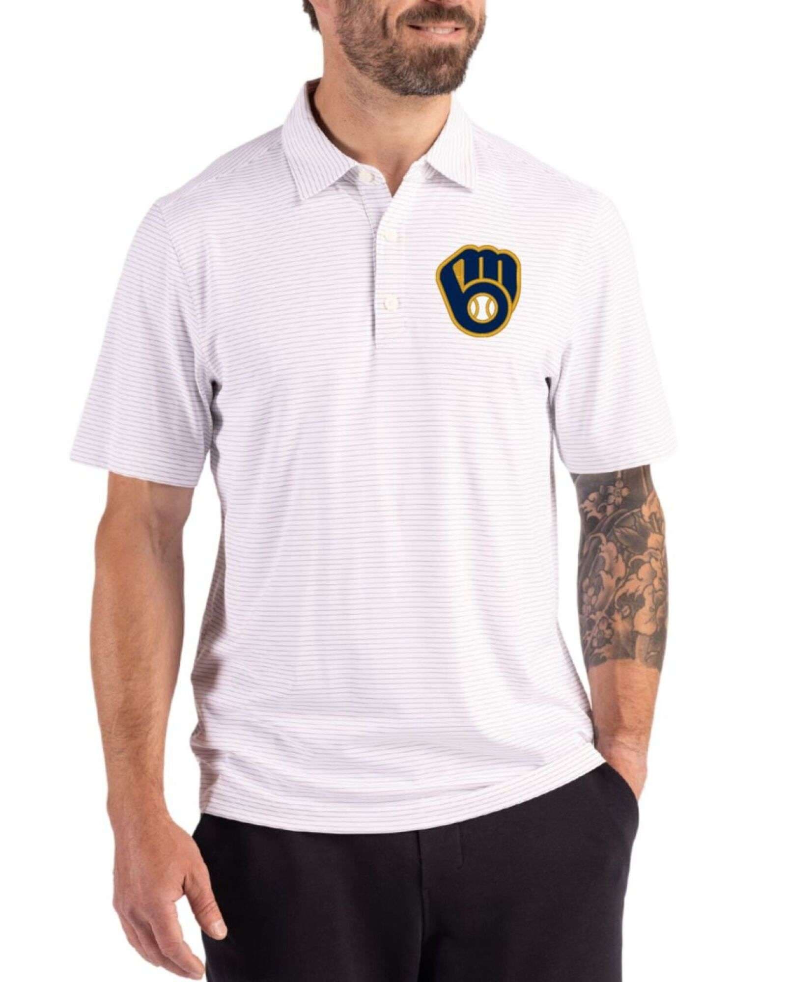 Men's Milwaukee Brewers Cutter & Buck White/Polished Forge Fine Line Stripe Four-Way Stretch Polo