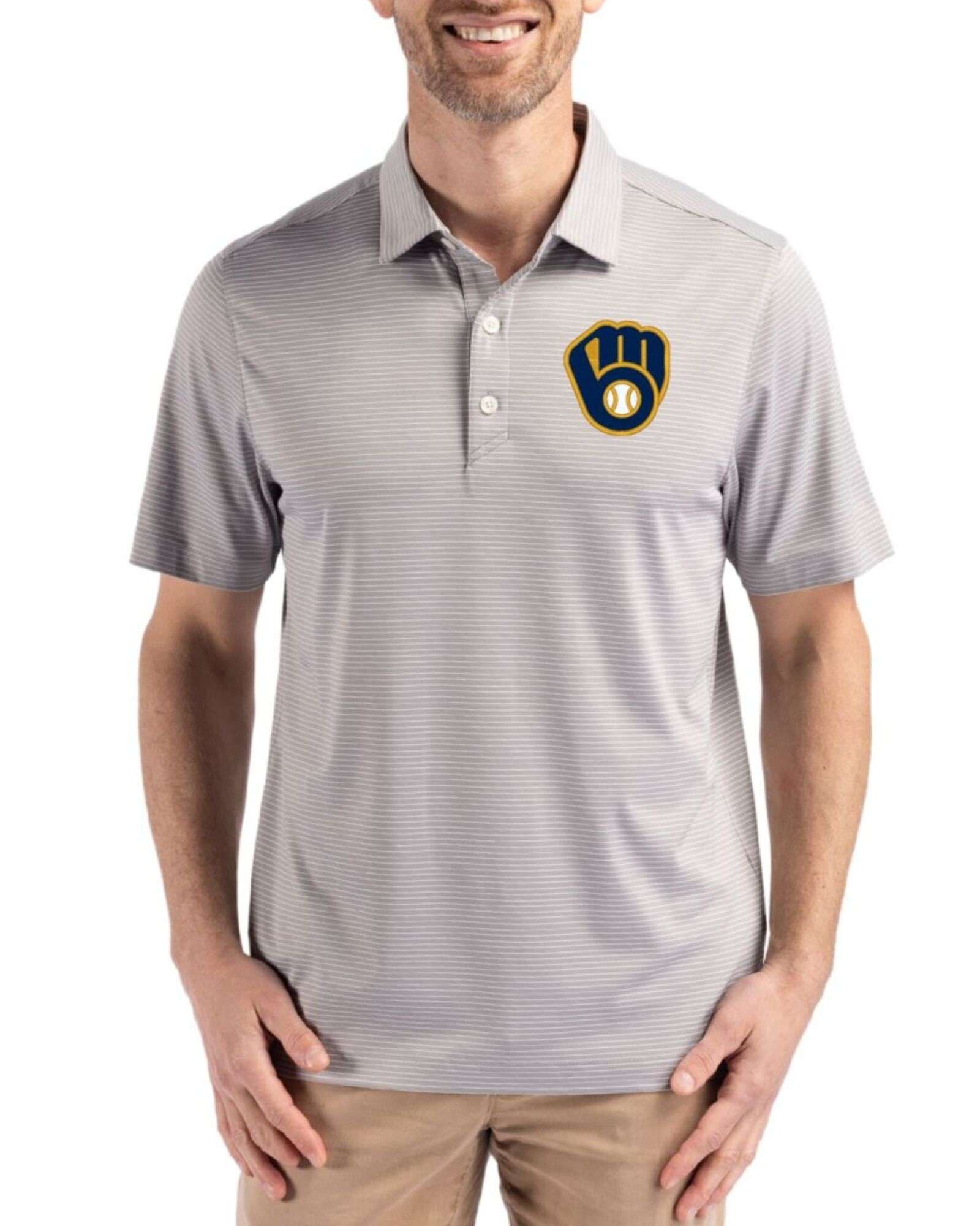 Men's Milwaukee Brewers Cutter & Buck Polished/White Forge Fine Line Stripe Four-Way Stretch Polo