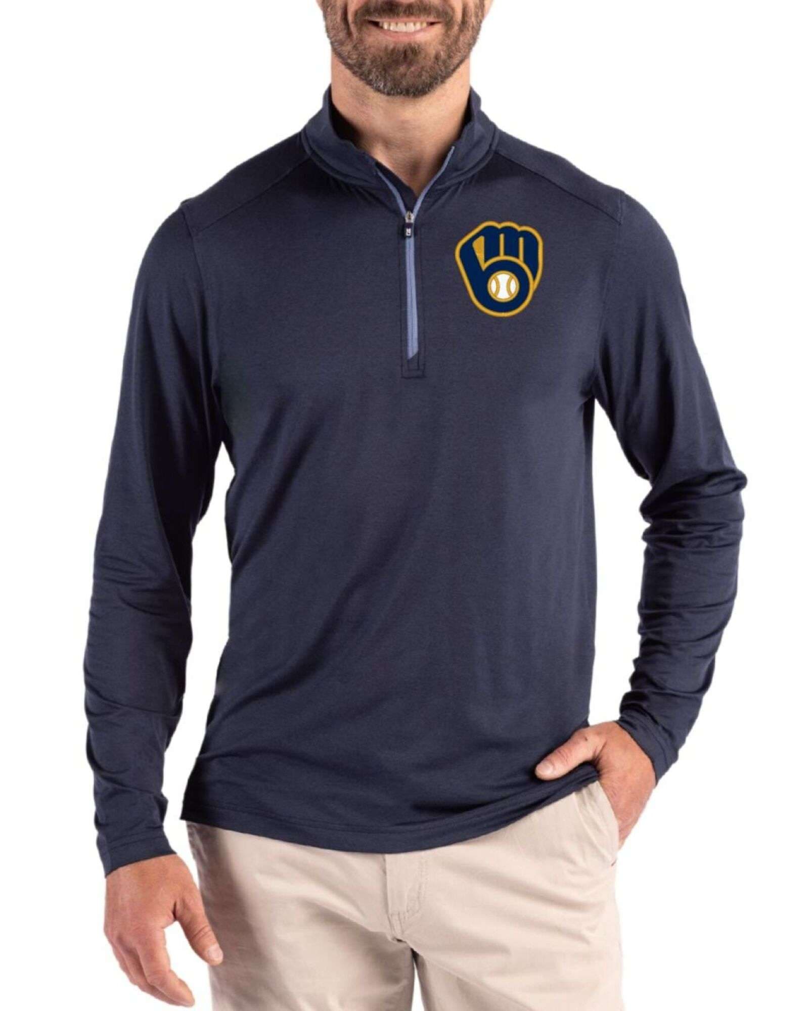 Men's Milwaukee Brewers Cutter & Buck Navy Blue Coastline Double Peached Quarter Zip Pullover