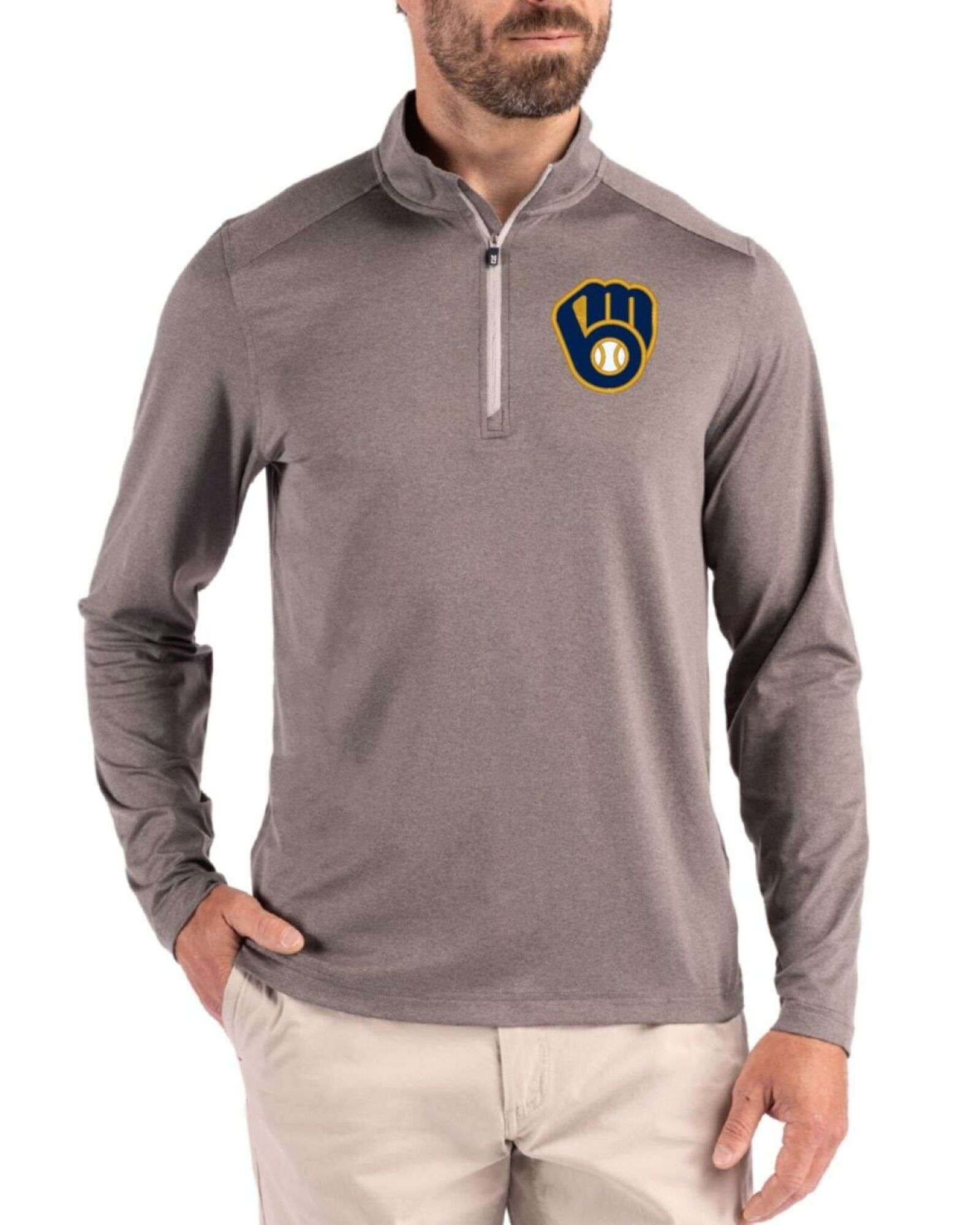 Men's Milwaukee Brewers Cutter & Buck Elemental Grey Coastline Double Peached Quarter Zip Pullover