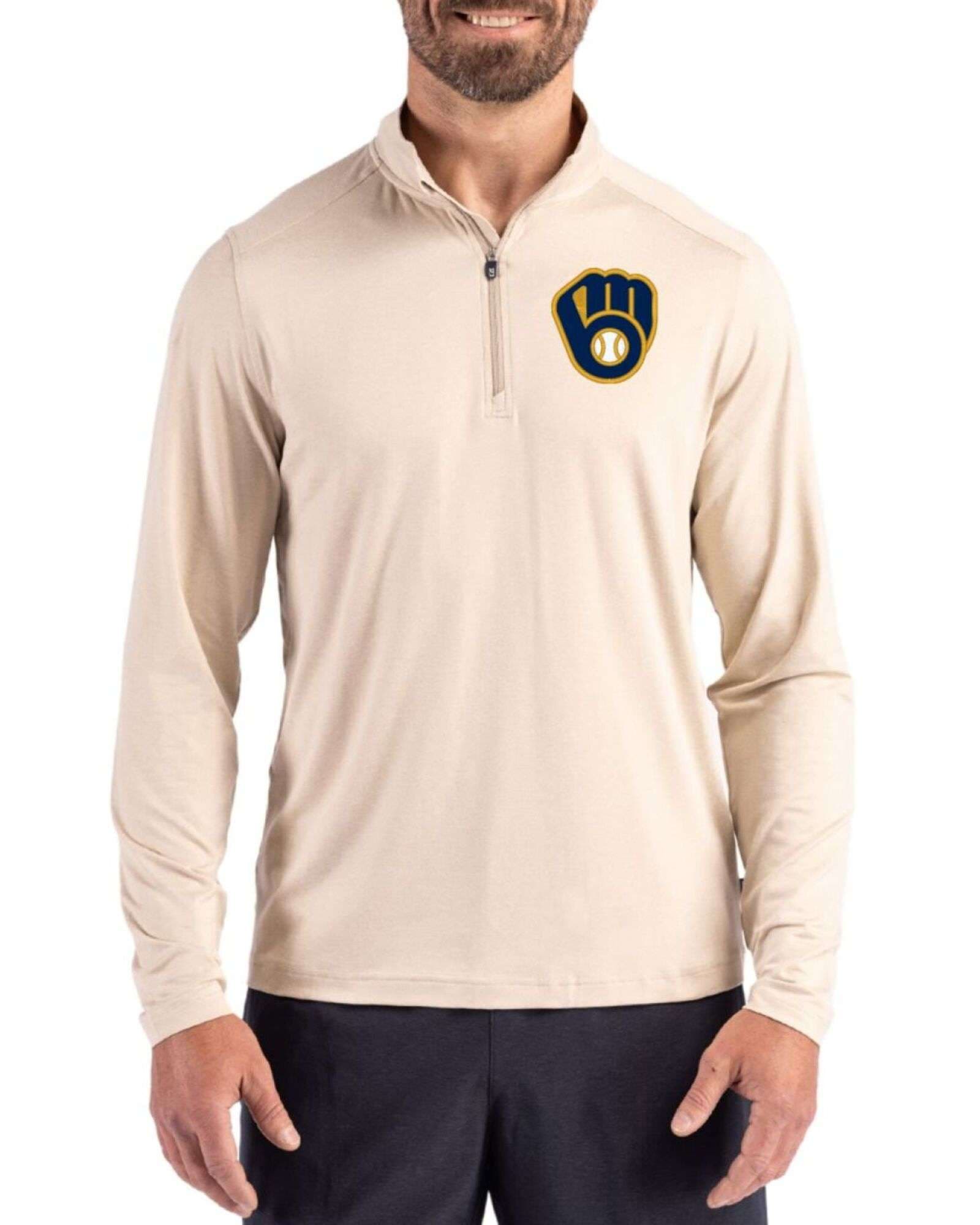 Men's Milwaukee Brewers Cutter & Buck Wheat Coastline Double Peached Quarter Zip Pullover