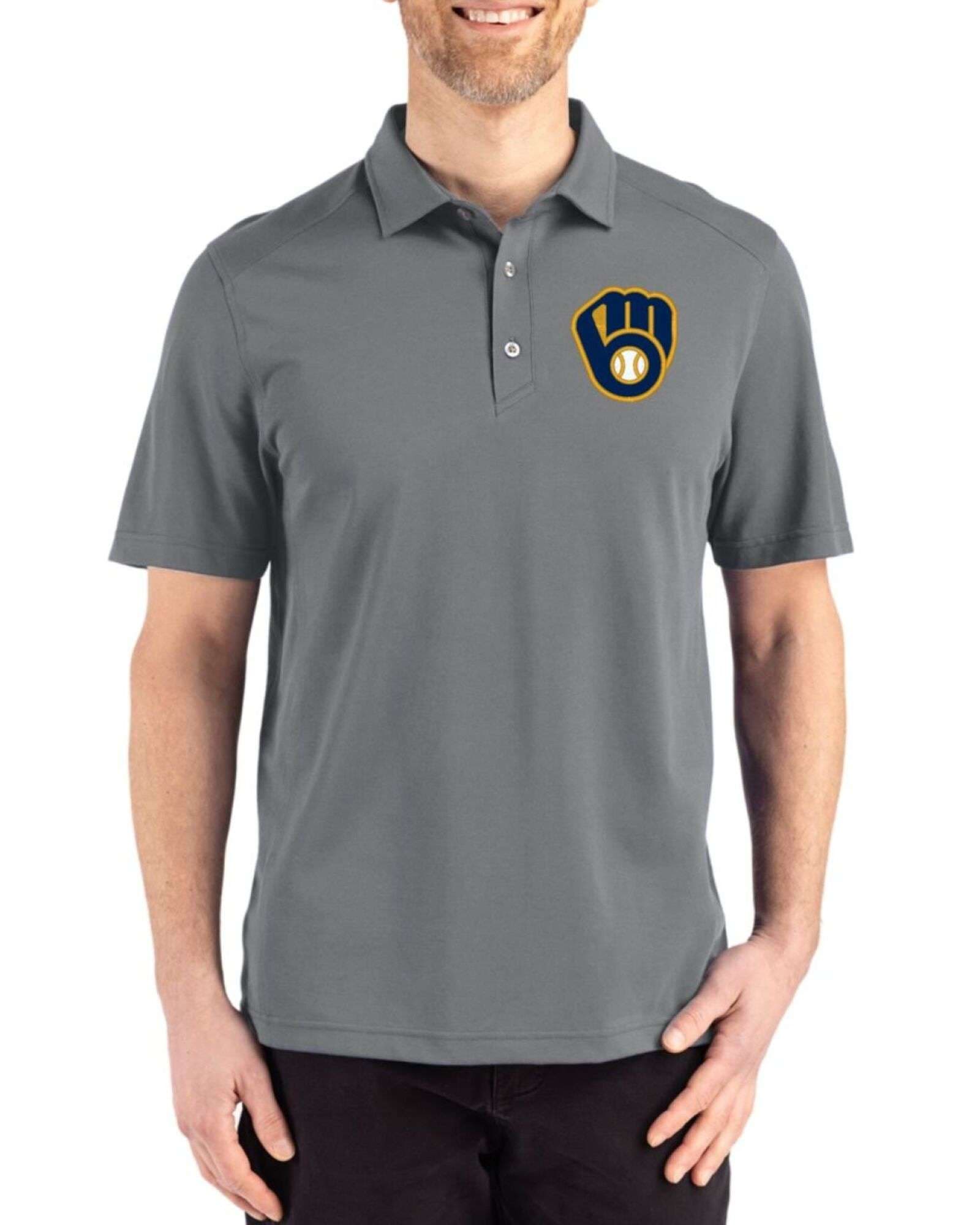 Men's Milwaukee Brewers Cutter & Buck Elemental Grey Advantage Refresh Epic Confidence Tri-Blend Pique Polo