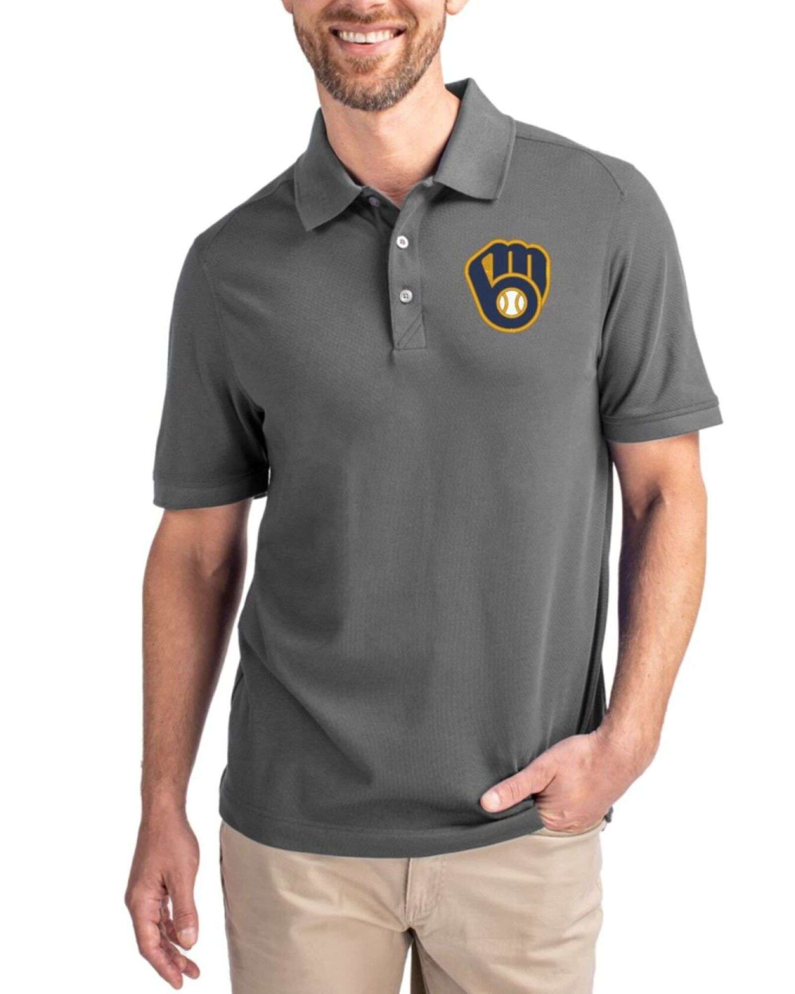 Men's Milwaukee Brewers Cutter & Buck Elemental Grey Advantage Epic Confidence Tri-Blend Pique Polo