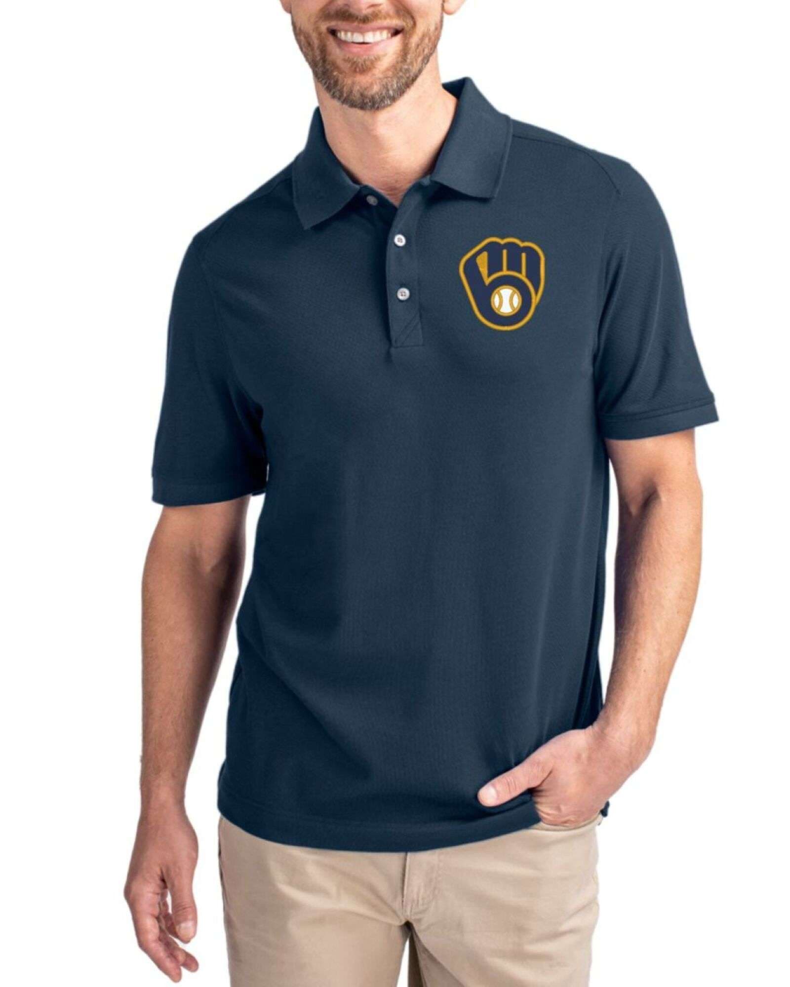 Men's Milwaukee Brewers Cutter & Buck Liberty Navy Advantage Epic Confidence Tri-Blend Pique Polo