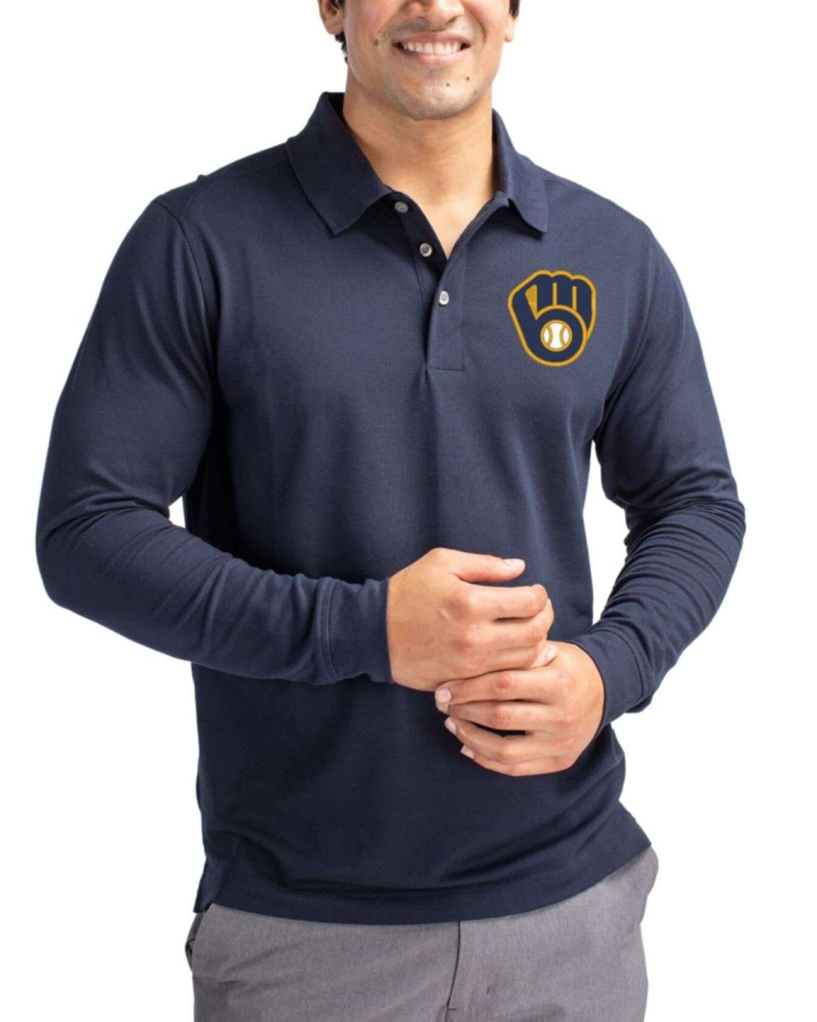 Men's Milwaukee Brewers Cutter & Buck Liberty Navy Advantage Epic Confidence Tri-Blend Pique Long Sleeve Polo