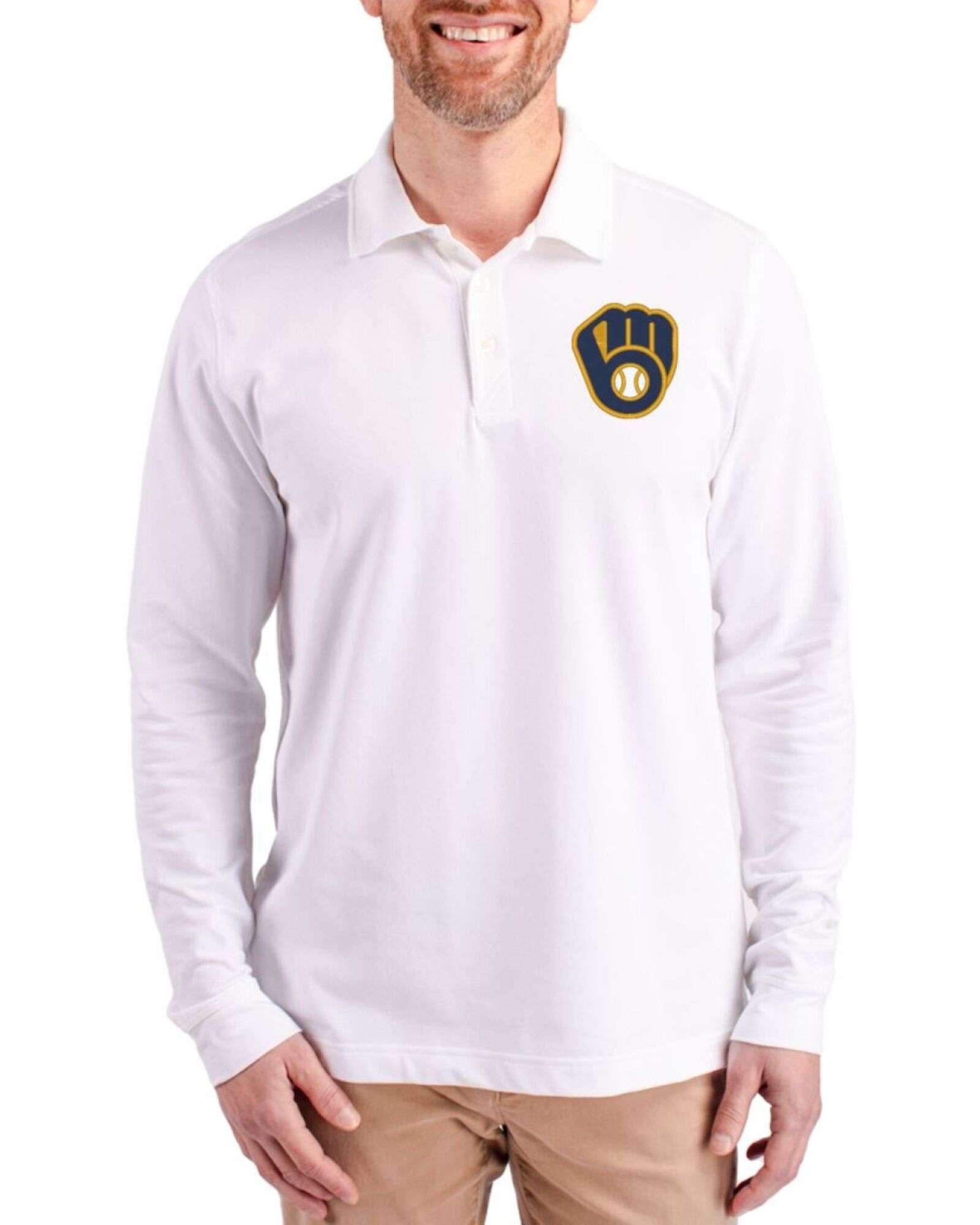 Men's Milwaukee Brewers Cutter & Buck White Advantage Epic Confidence Tri-Blend Pique Long Sleeve Polo