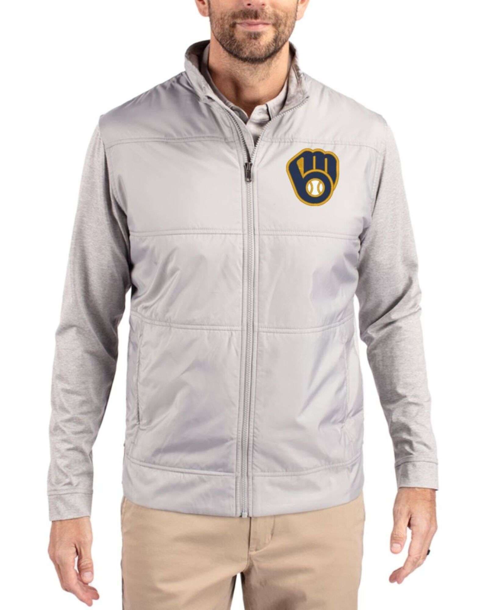 Men's Milwaukee Brewers Cutter & Buck Polished Stealth Hybrid Quilted Windbreaker Jacket