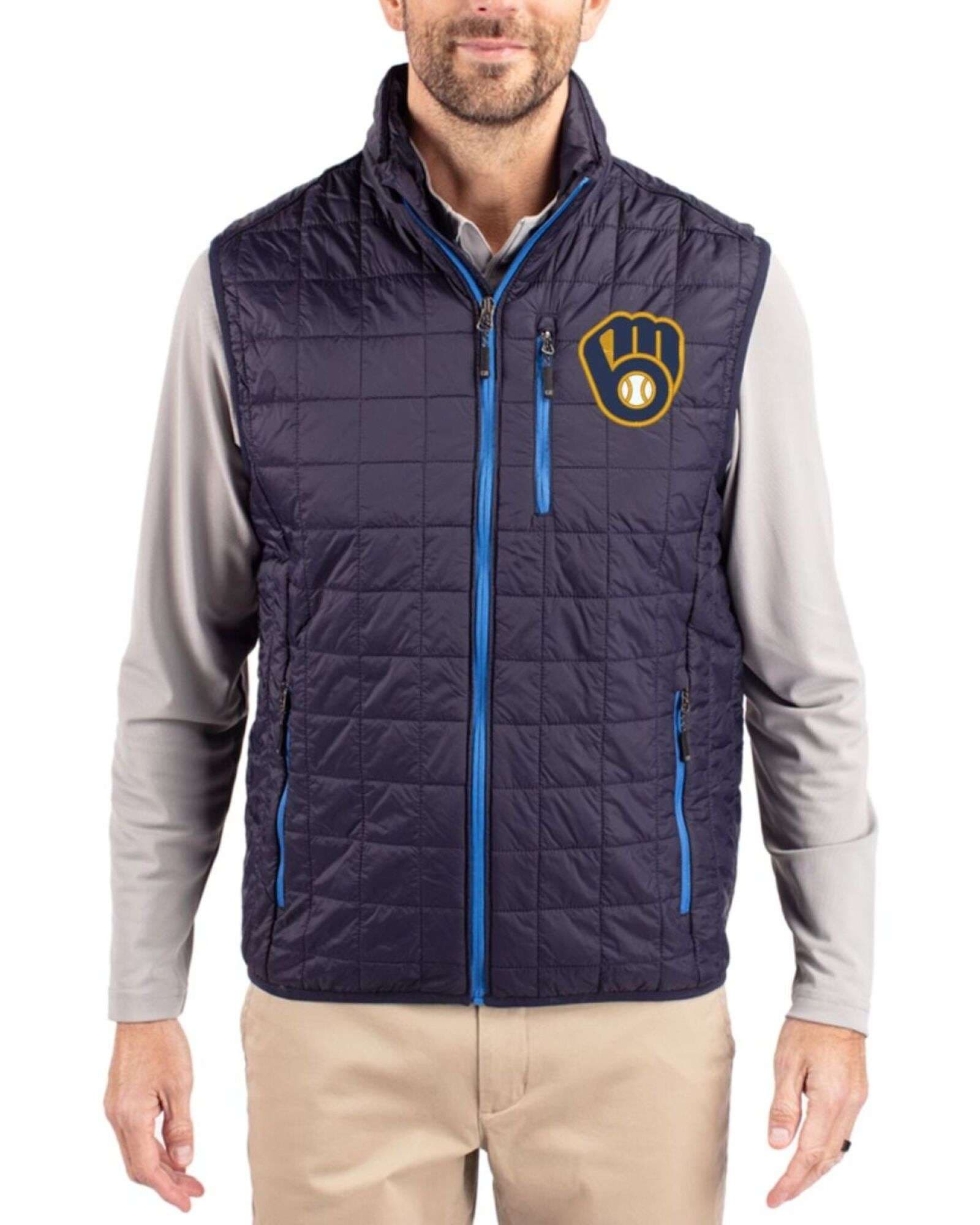Men's Milwaukee Brewers Cutter & Buck Dark Navy Rainier Insulated Puffer Full Zip Vest