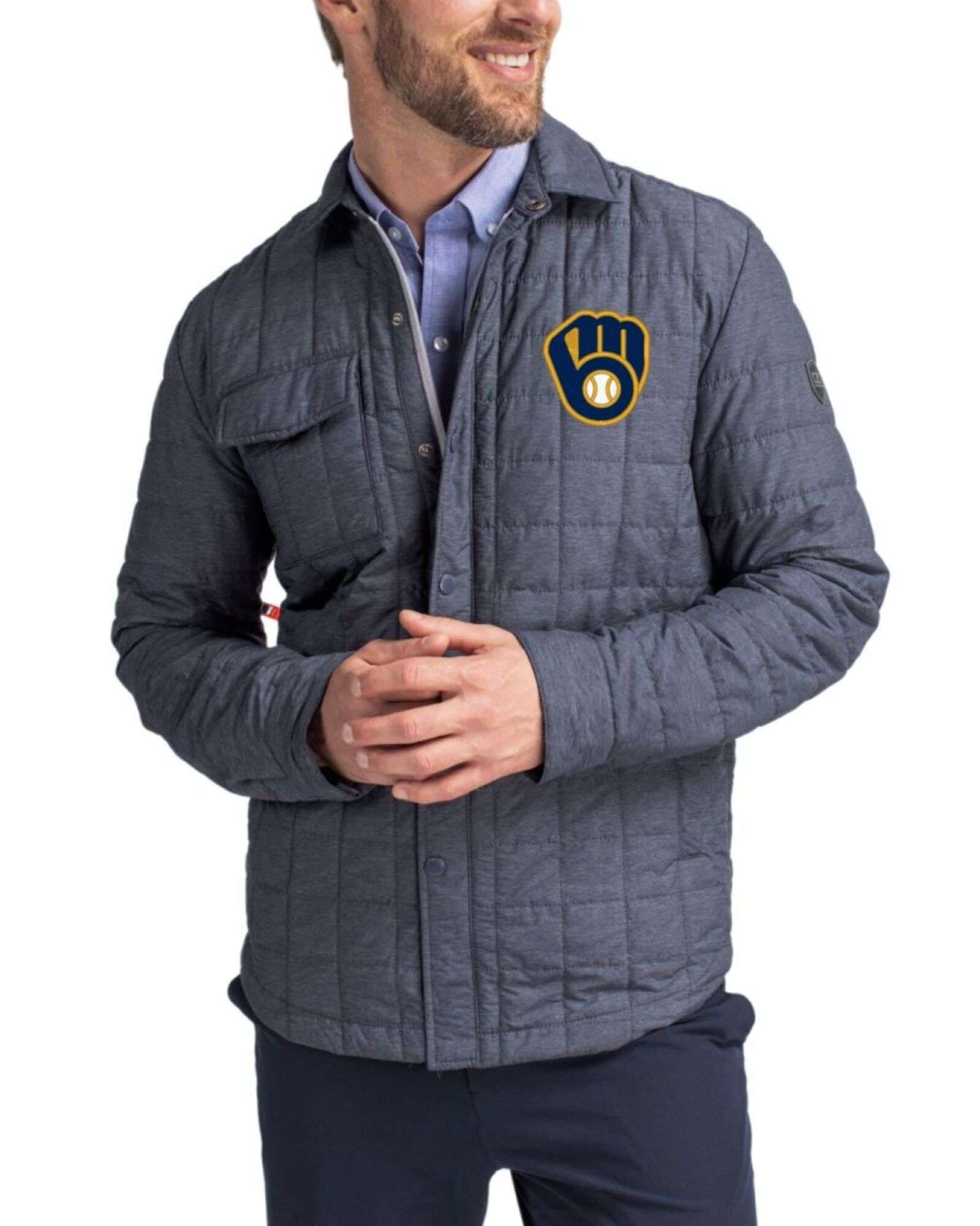 Men's Milwaukee Brewers Cutter & Buck Anthracite Melange Rainier Insulated Puffer Full Zip Shirt Jacket