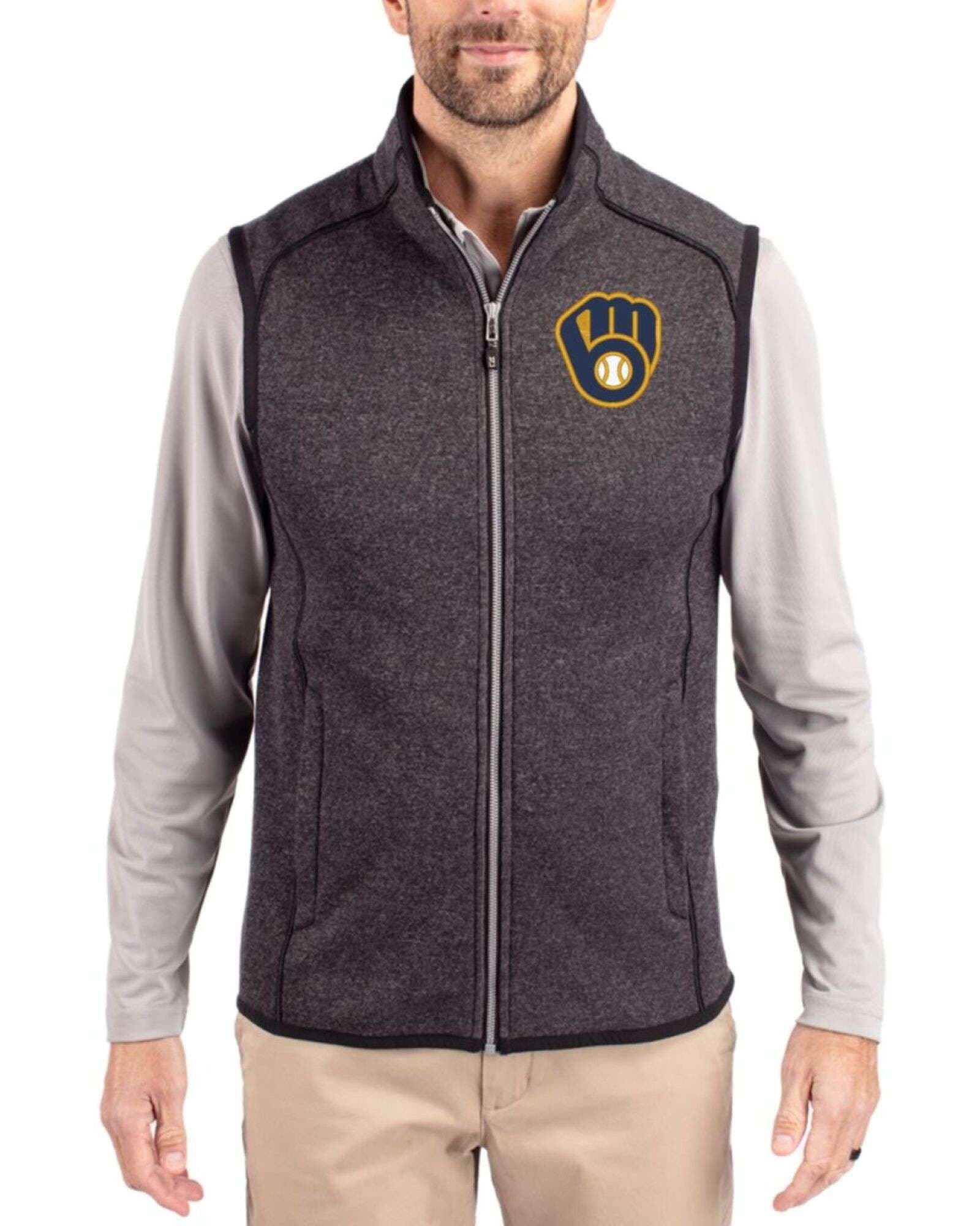 Men's Milwaukee Brewers Cutter & Buck Charcoal Heather Mainsail Sweater-Knit Full Zip Vest