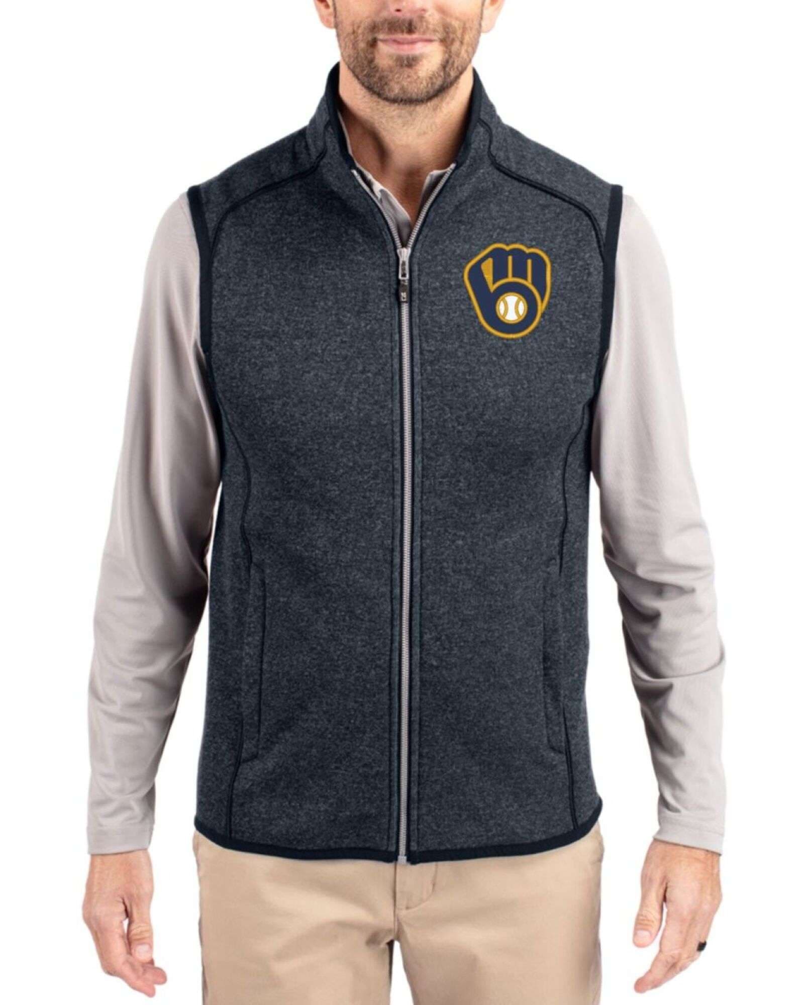 Men's Milwaukee Brewers Cutter & Buck Liberty Navy Heather Mainsail Sweater-Knit Full Zip Vest