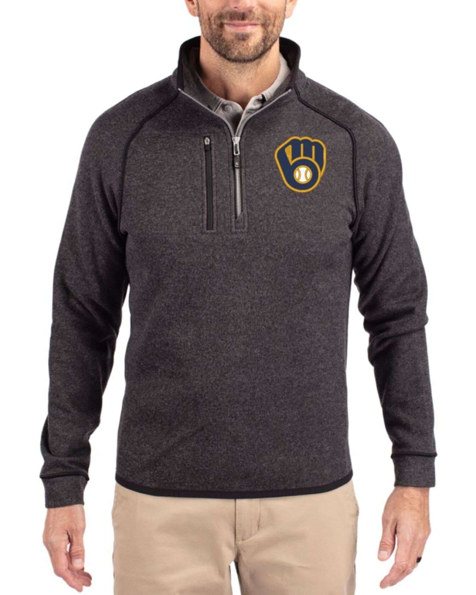 Men's Milwaukee Brewers Cutter & Buck Charcoal Heather Mainsail Sweater-Knit Half Zip Jacket