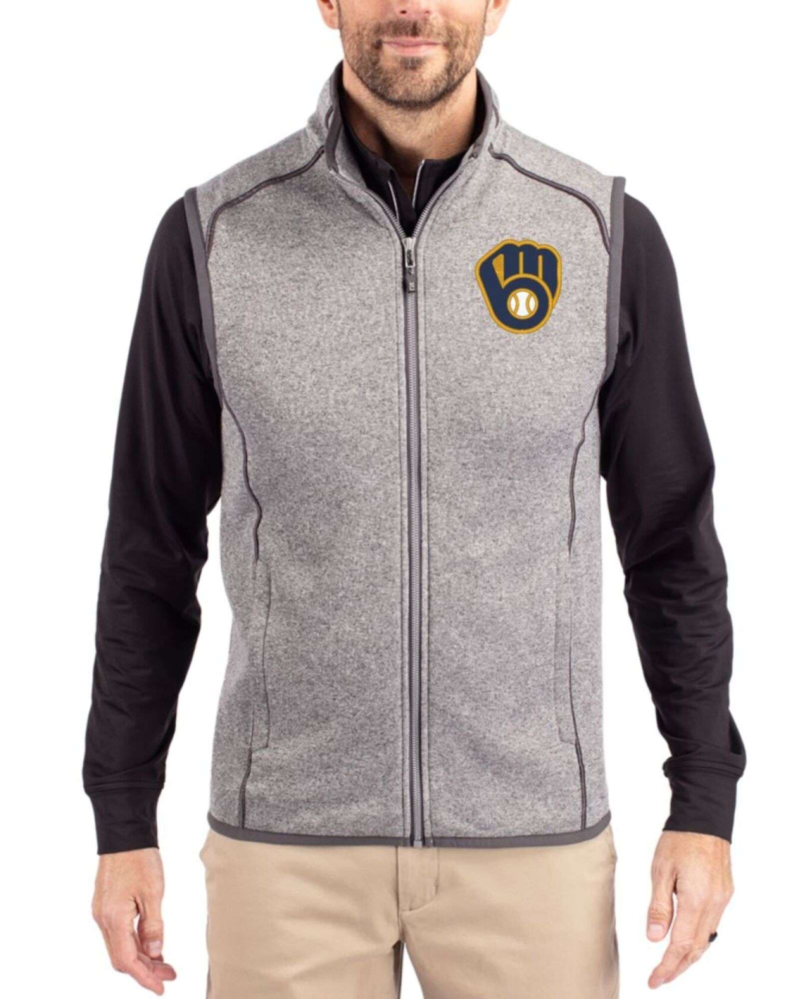 Men's Milwaukee Brewers Cutter & Buck Polished Heather Mainsail Sweater-Knit Full Zip Vest