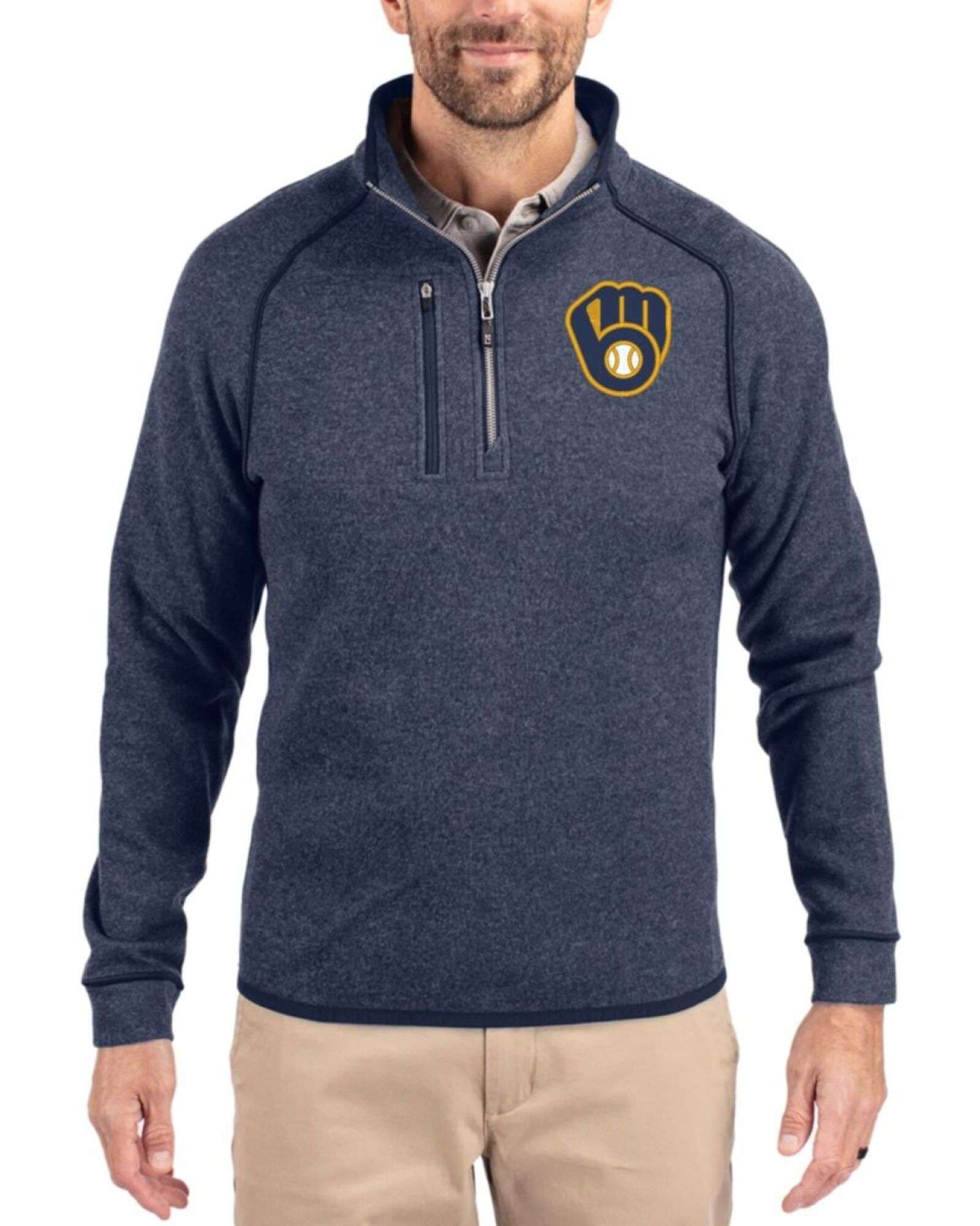 Men's Milwaukee Brewers Cutter & Buck Liberty Navy Heather Mainsail Sweater-Knit Half Zip Jacket