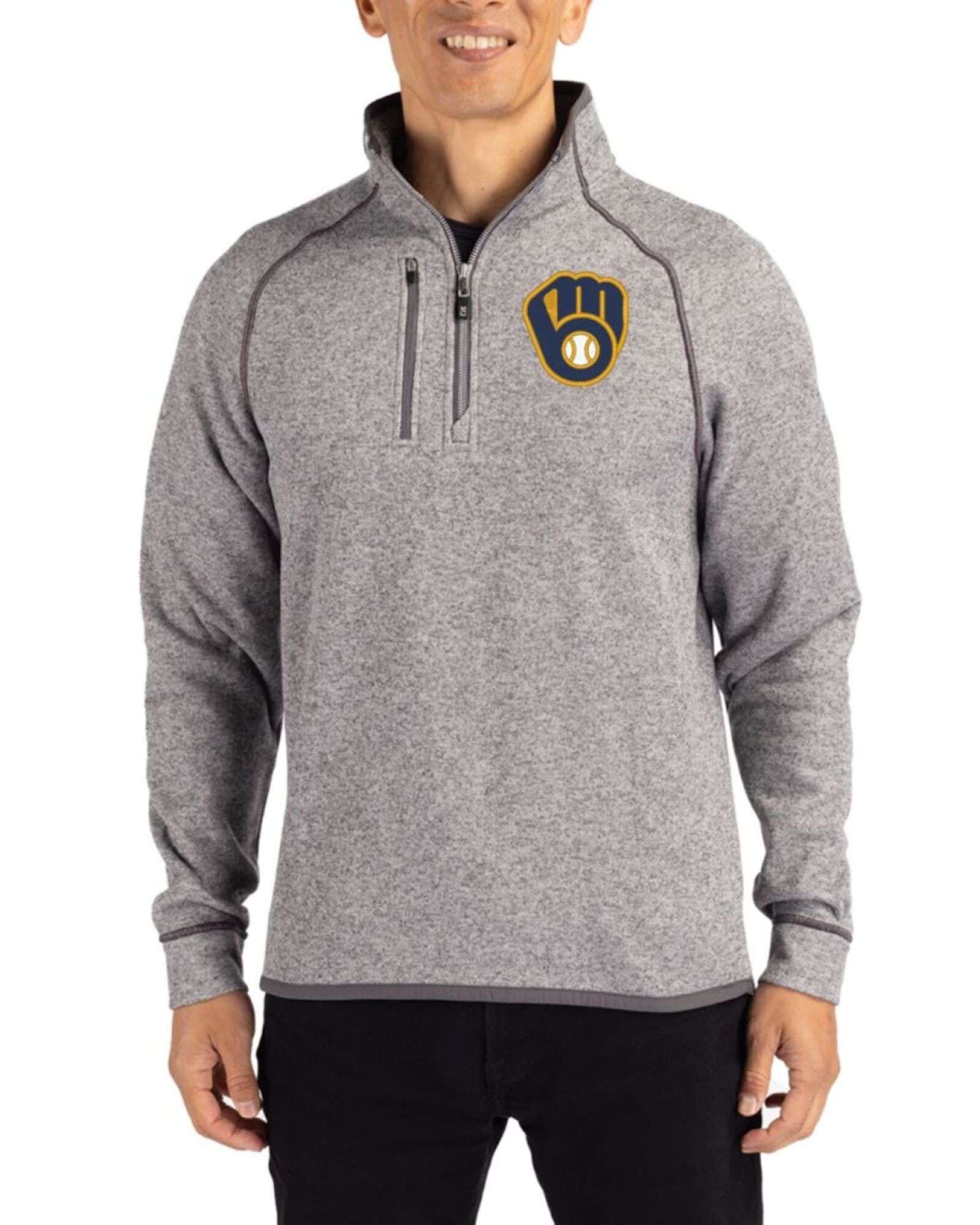 Men's Milwaukee Brewers Cutter & Buck Polished Heather Mainsail Sweater-Knit Half Zip Jacket