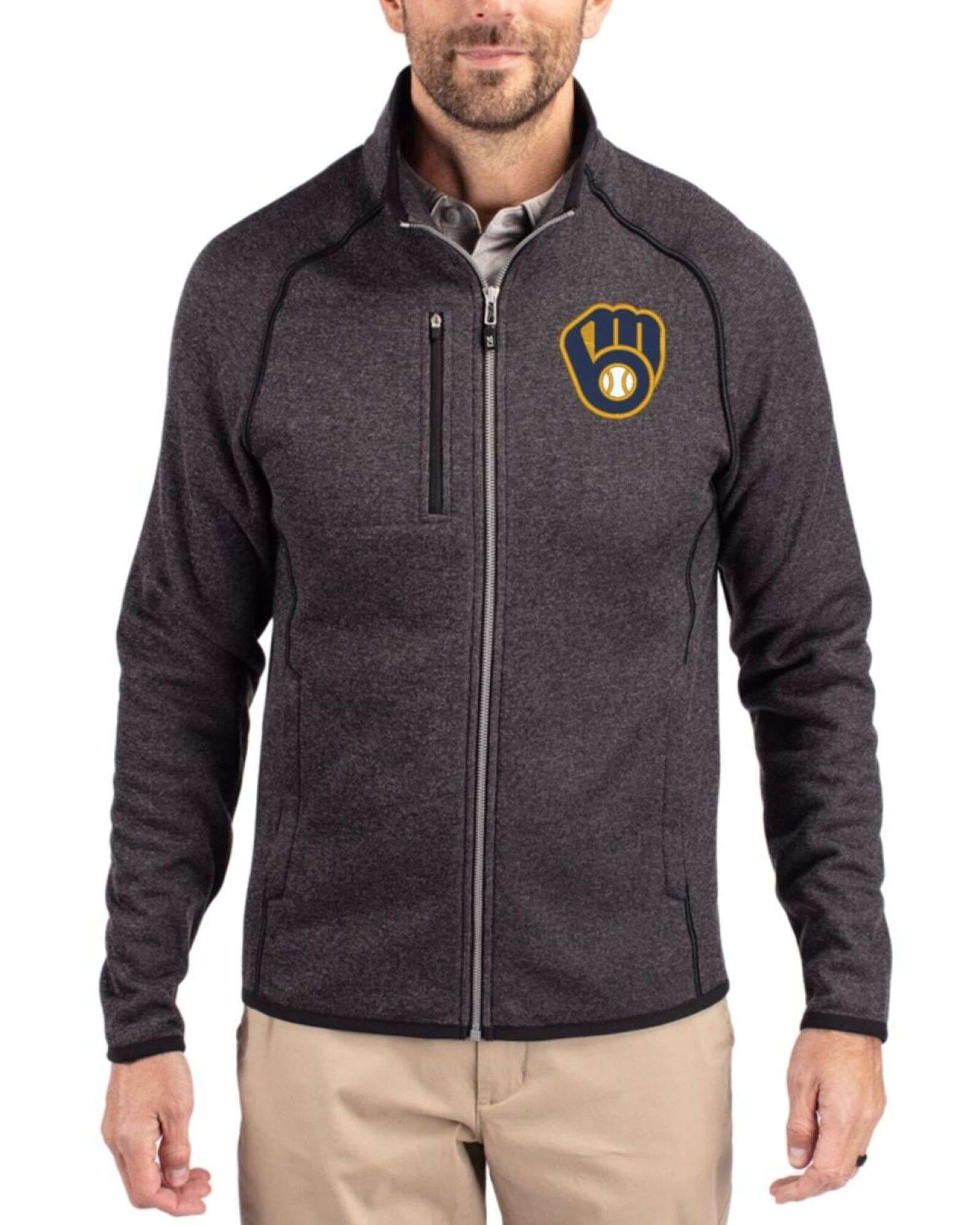 Men's Milwaukee Brewers Cutter & Buck Charcoal Heather Mainsail Sweater-Knit Full Zip Jacket