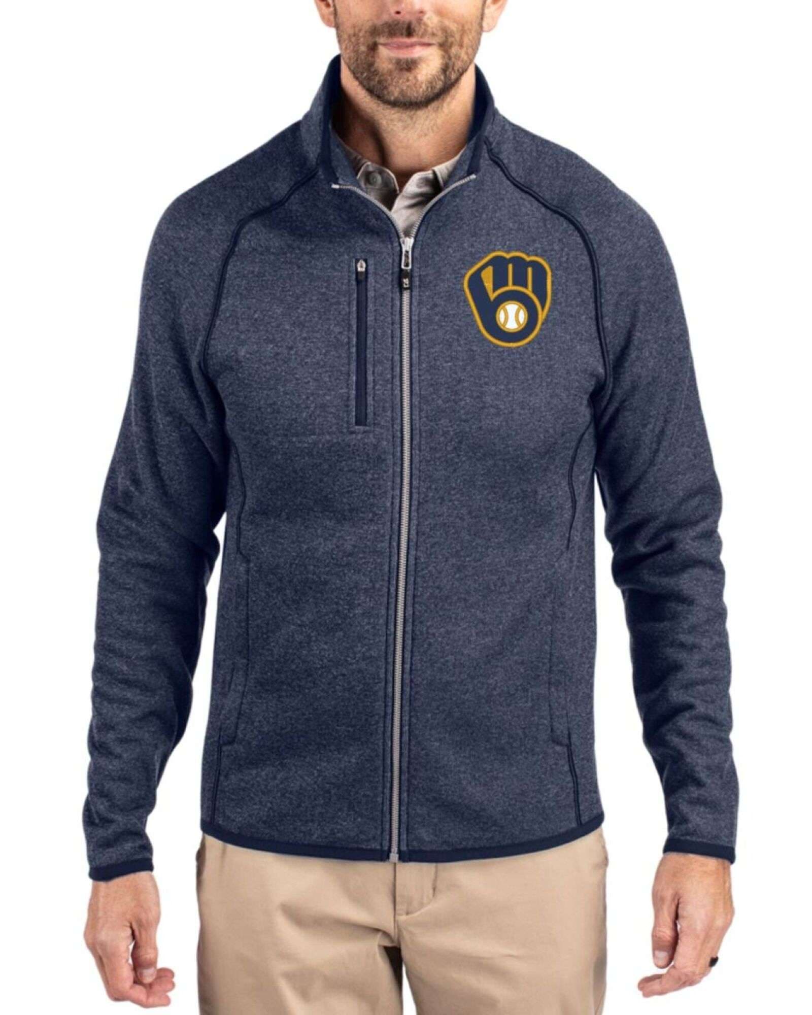 Men's Milwaukee Brewers Cutter & Buck Liberty Navy Heather Mainsail Sweater-Knit Full Zip Jacket