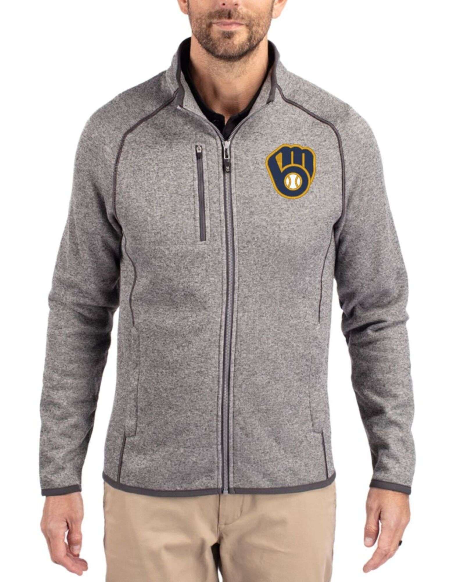 Men's Milwaukee Brewers Cutter & Buck Polished Heather Mainsail Sweater-Knit Full Zip Jacket