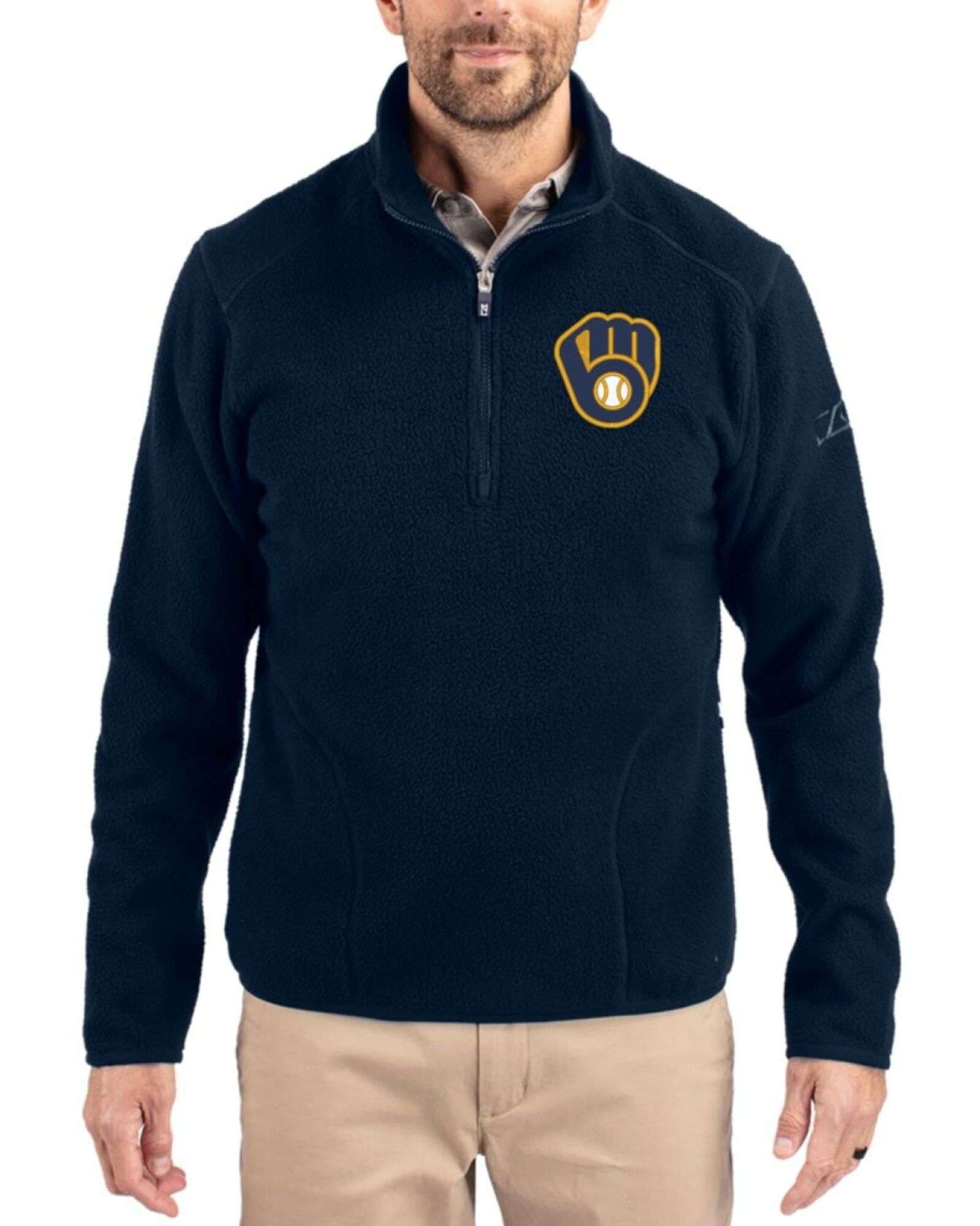 Men's Milwaukee Brewers Cutter & Buck Navy Blue Cascade Epic Comfort Sherpa Fleece Quarter Zip Jacket