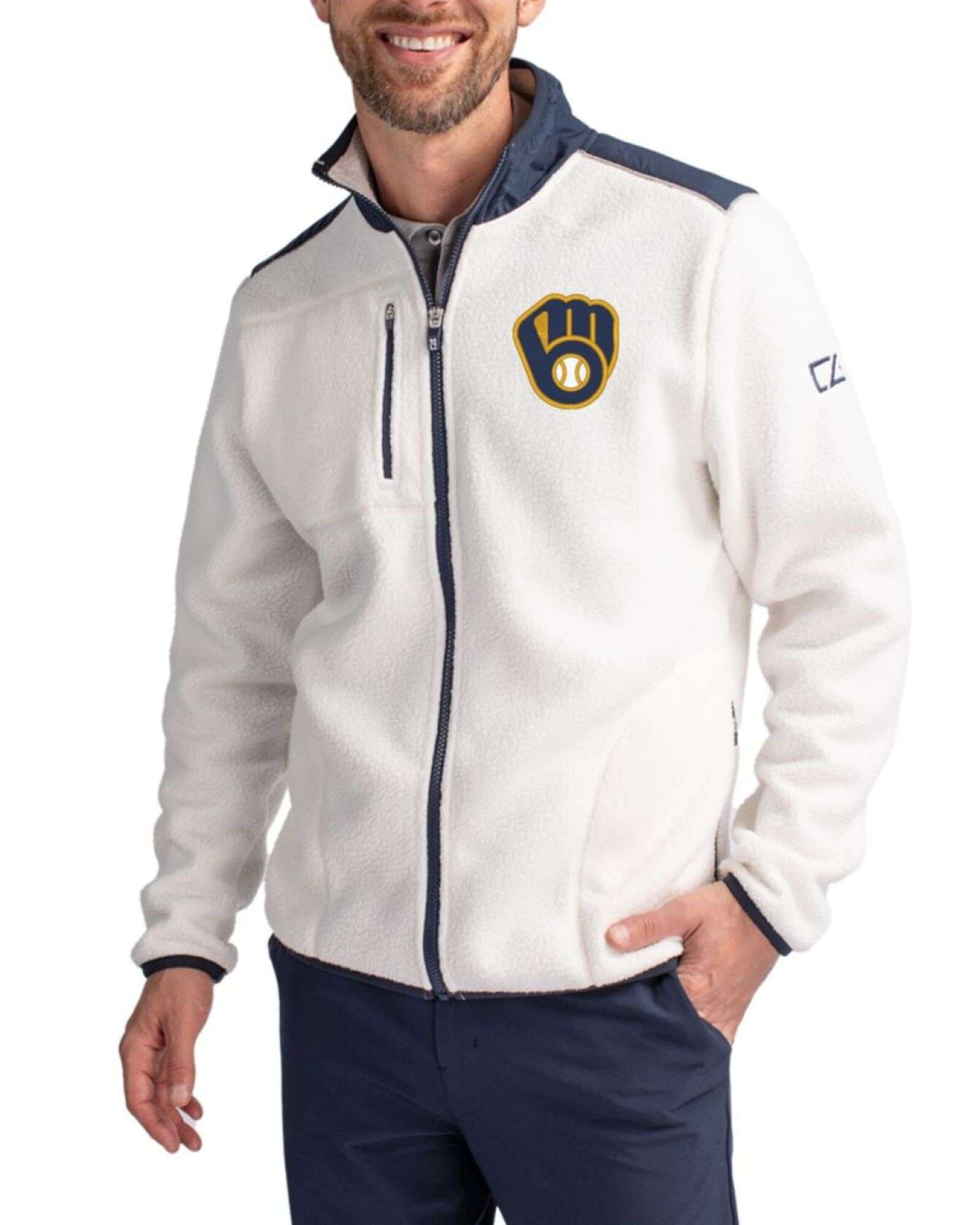 Men's Milwaukee Brewers Cutter & Buck Shell/Navy Blue Cascade Epic Comfort Sherpa Fleece Full Zip Jacket