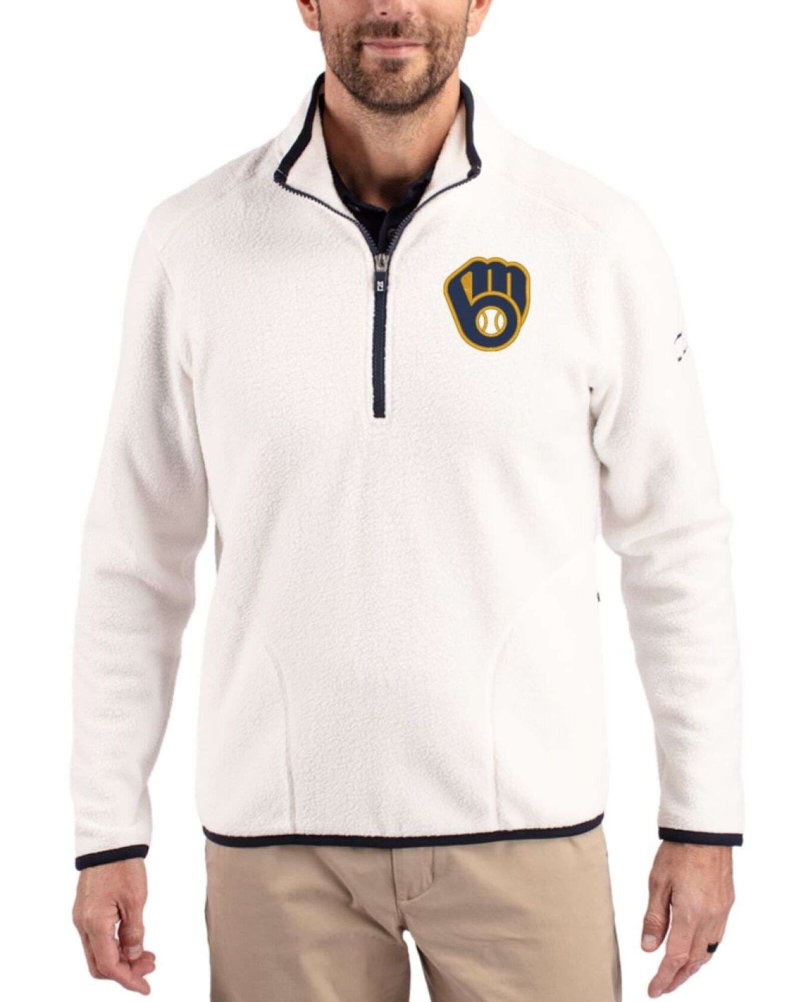 Men's Milwaukee Brewers Cutter & Buck Shell/Navy Blue Cascade Epic Comfort Sherpa Fleece Quarter Zip Jacket