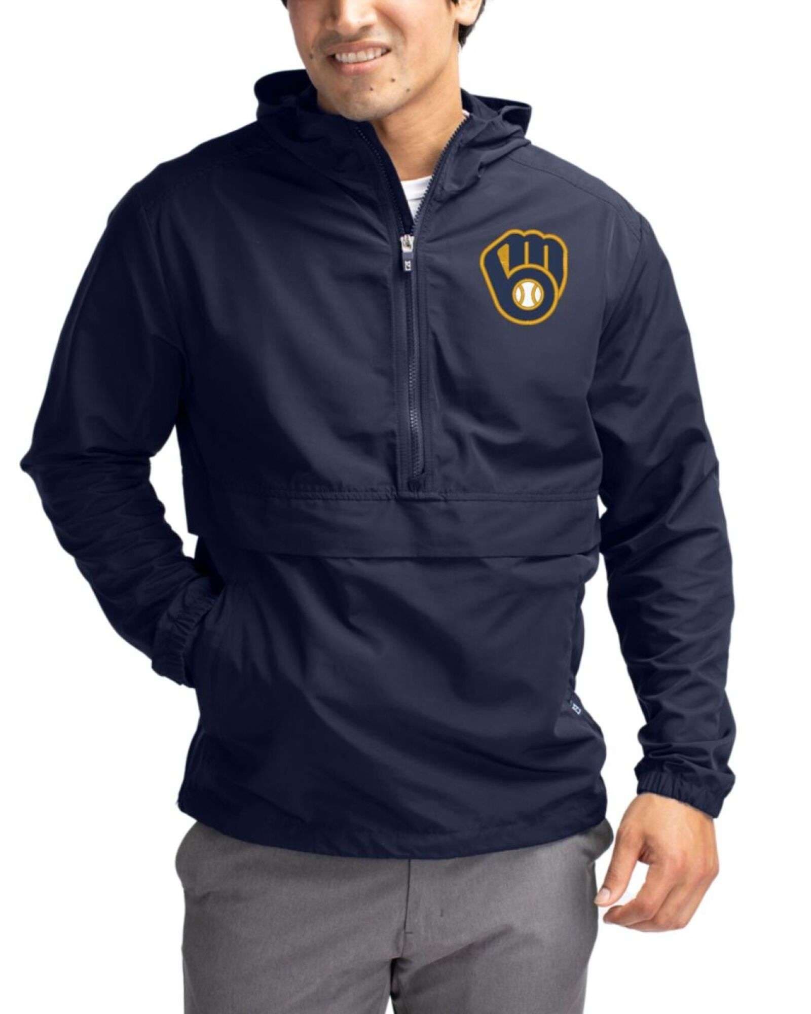 Men's Milwaukee Brewers Cutter & Buck Navy Blue Charter Epic Versatility Half Zip Anorak Jacket