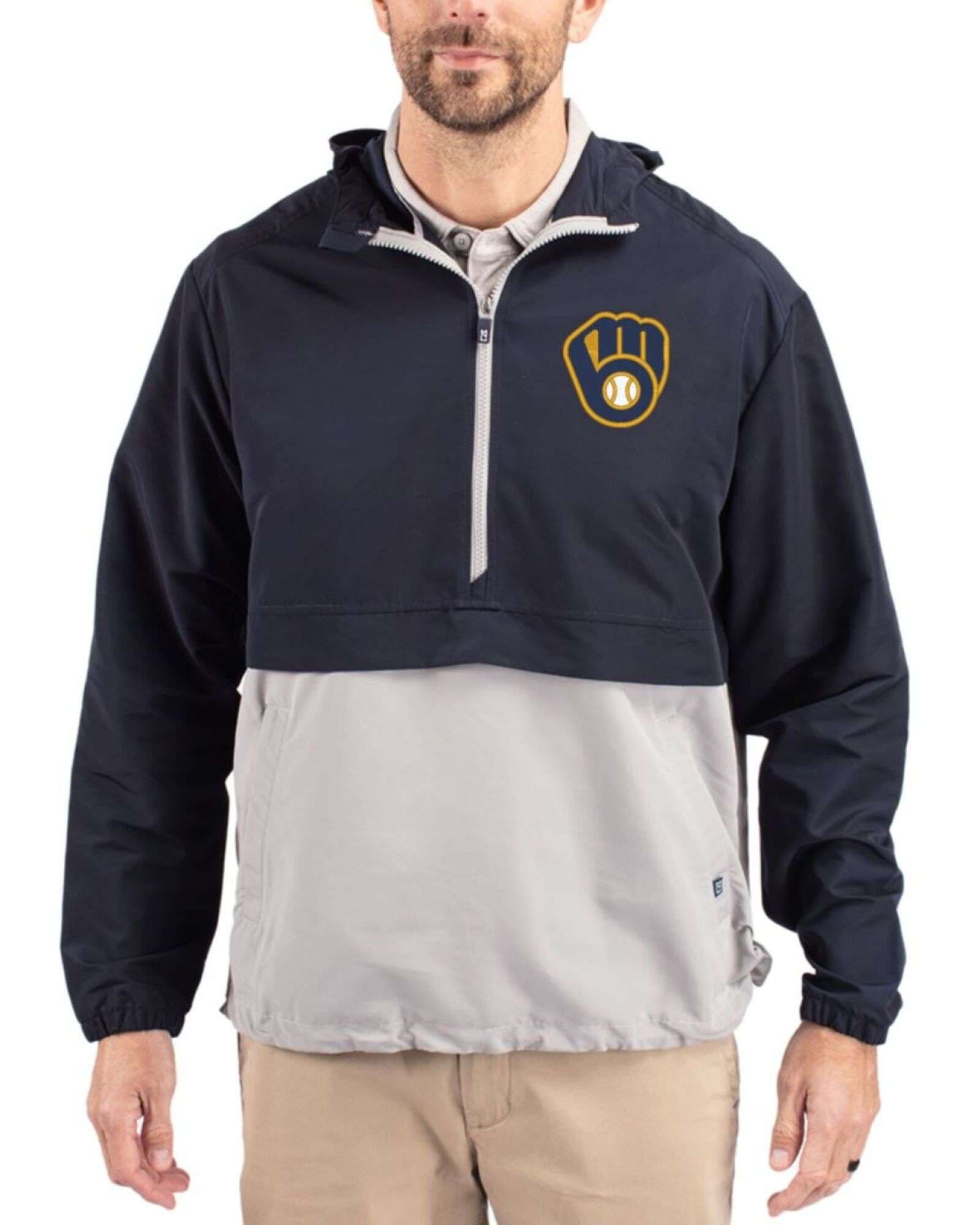 Men's Milwaukee Brewers Cutter & Buck Navy Blue/Polished Charter Epic Versatility Half Zip Anorak Jacket