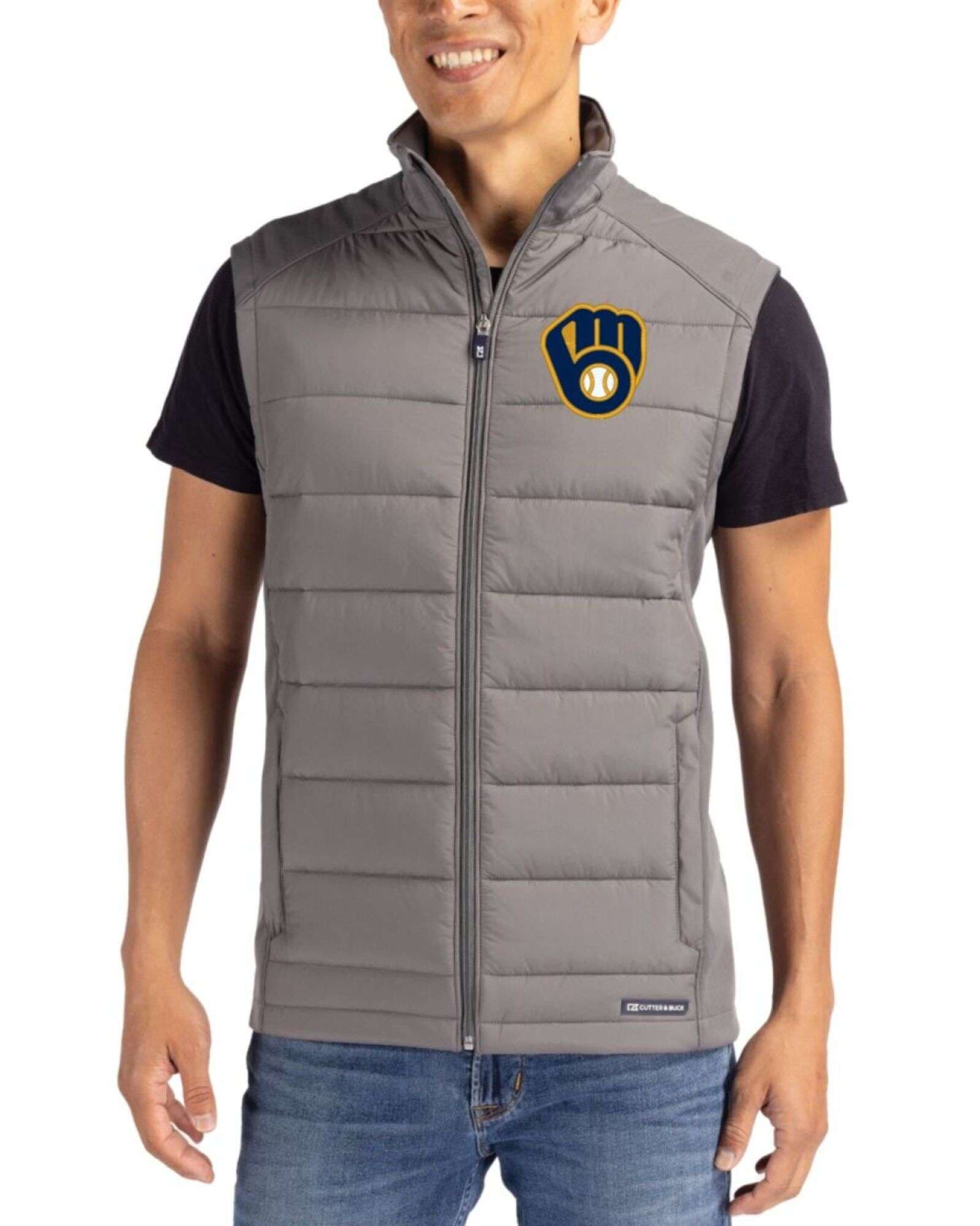 Men's Milwaukee Brewers Cutter & Buck Elemental Grey Evoke Epic Versatility Hybrid Softshell Full Zip Vest