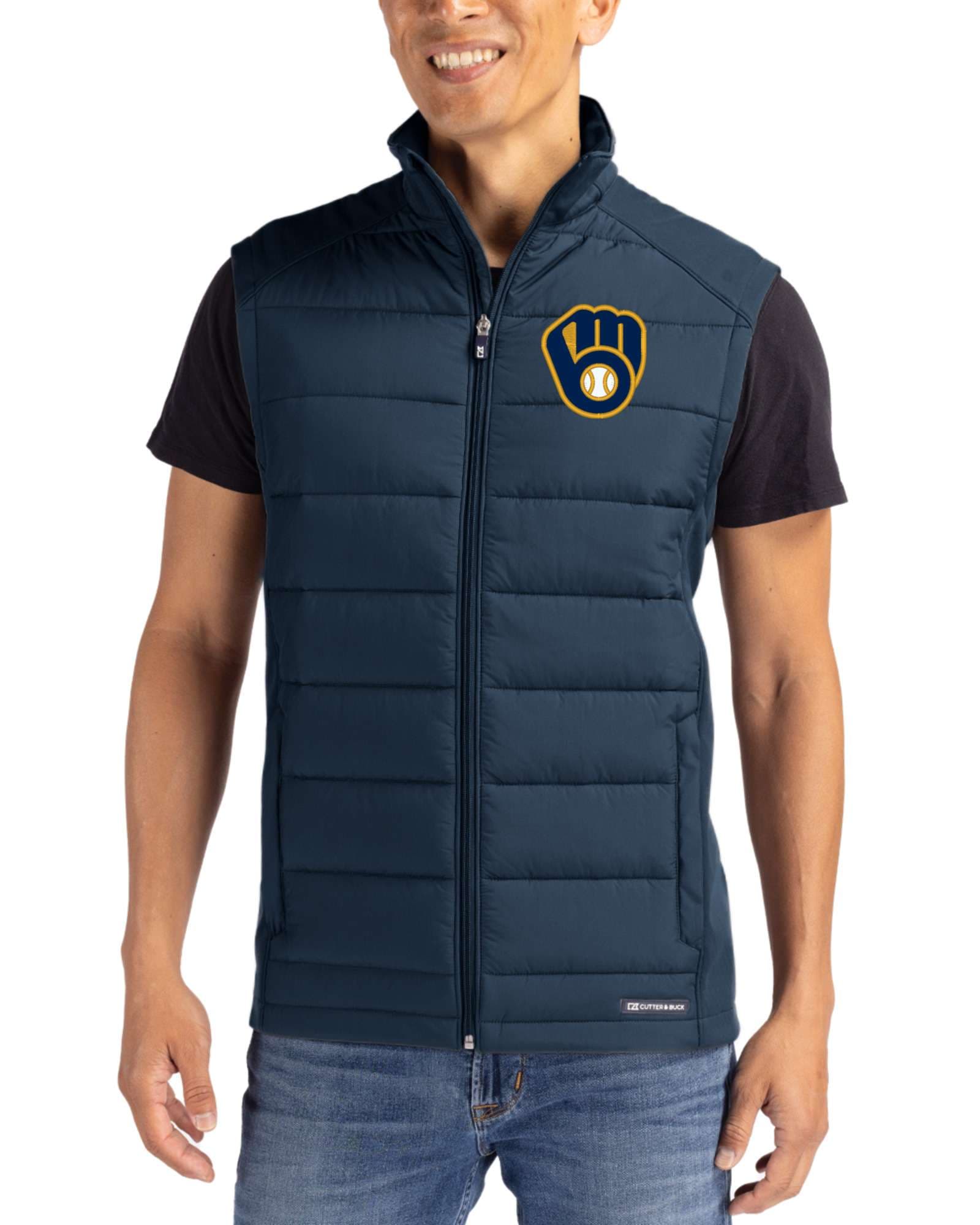 Men's Milwaukee Brewers Cutter & Buck Navy Blue Evoke Epic Versatility Hybrid Softshell Full Zip Vest