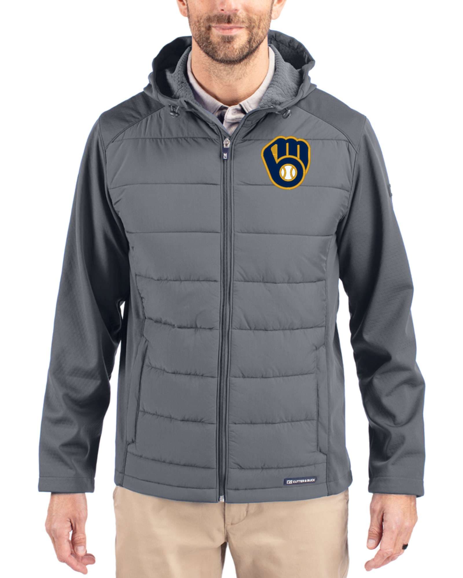 Men's Milwaukee Brewers Cutter & Buck Elemental Grey Evoke Epic Versatility Hybrid Softshell Full Zip Hooded Jacket