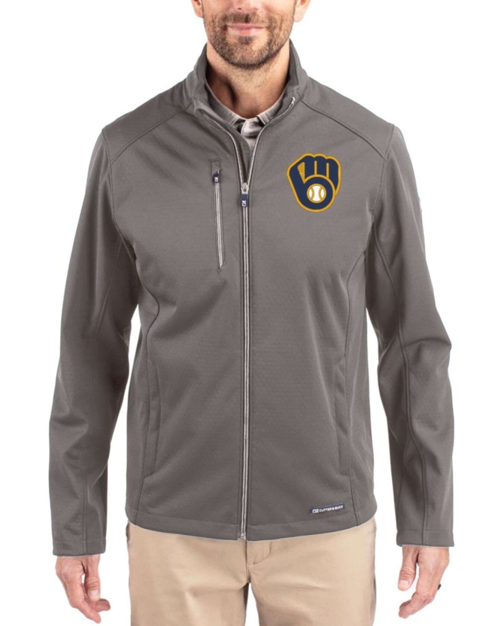 Men's Milwaukee Brewers Cutter & Buck Elemental Grey Evoke Epic Versatility Softshell Full Zip Jacket