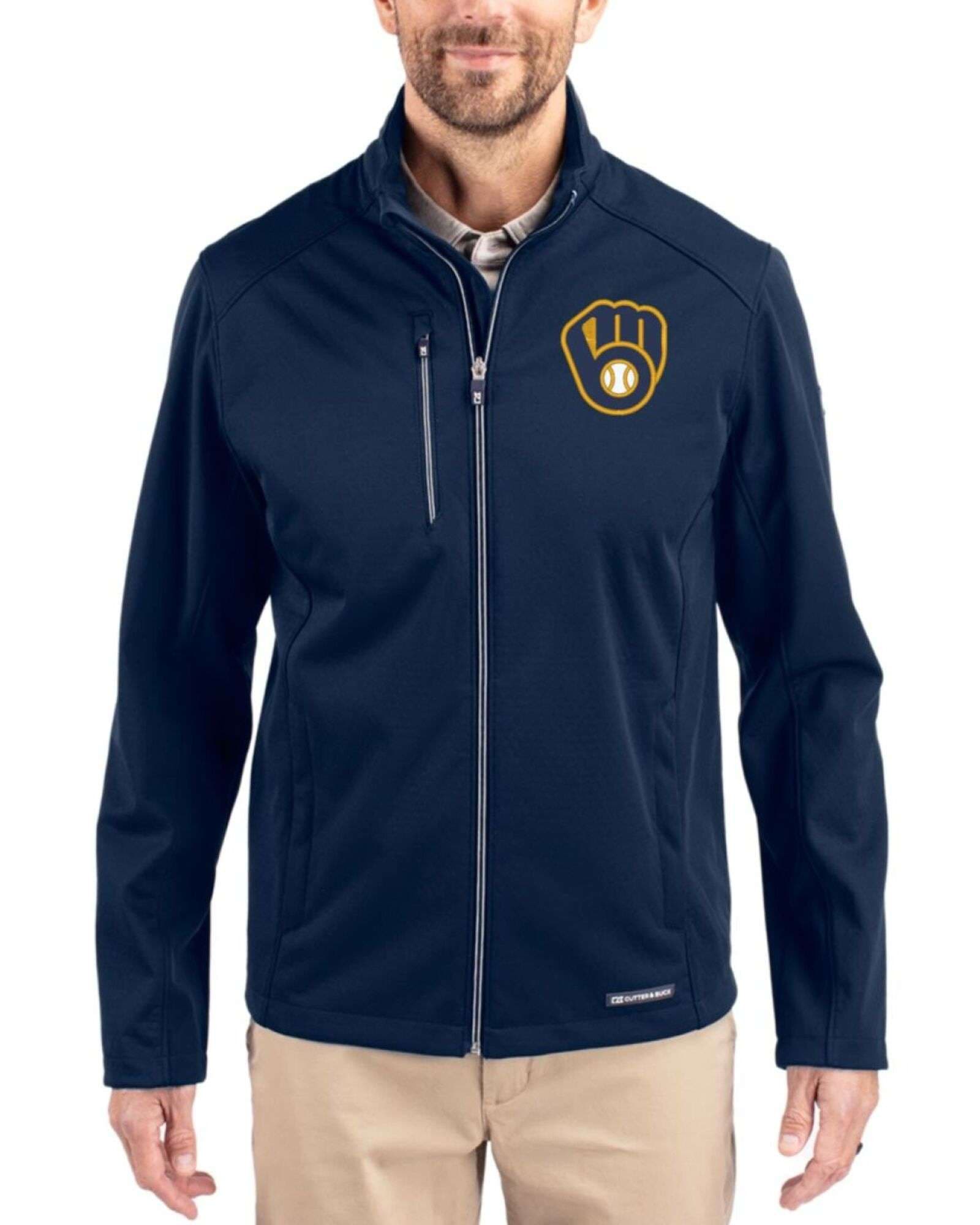 Men's Milwaukee Brewers Cutter & Buck Navy Blue Evoke Epic Versatility Softshell Full Zip Jacket