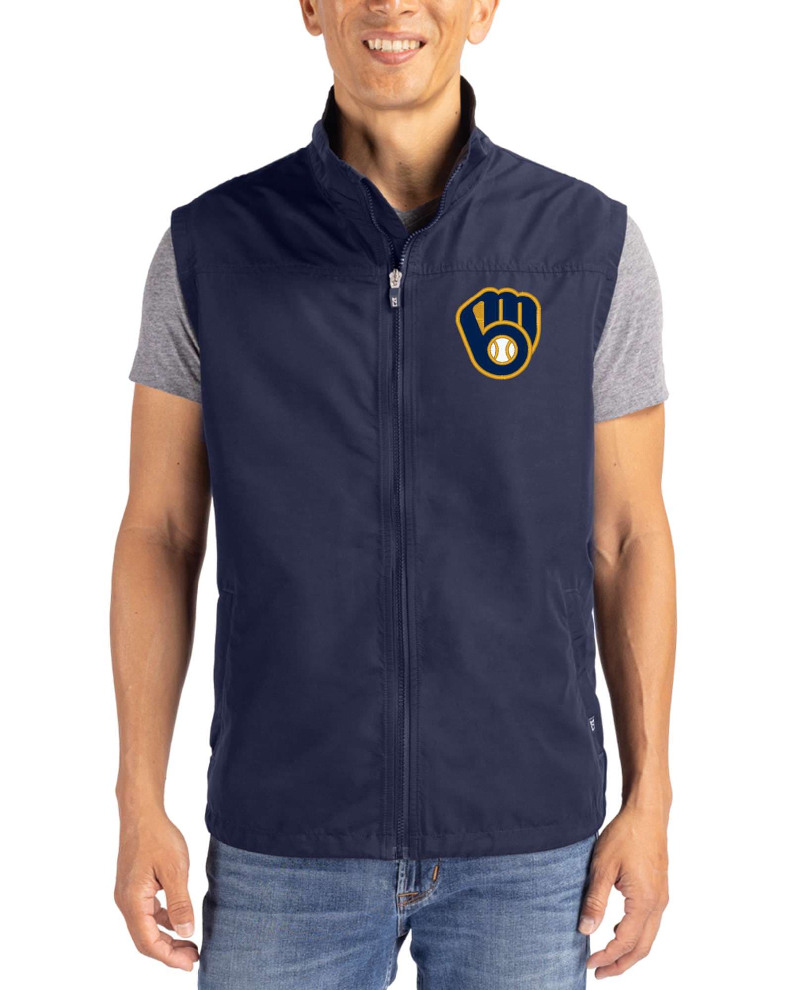 Men's Milwaukee Brewers Cutter & Buck Navy Blue Charter Epic Versatility Packable Full Zip Vest