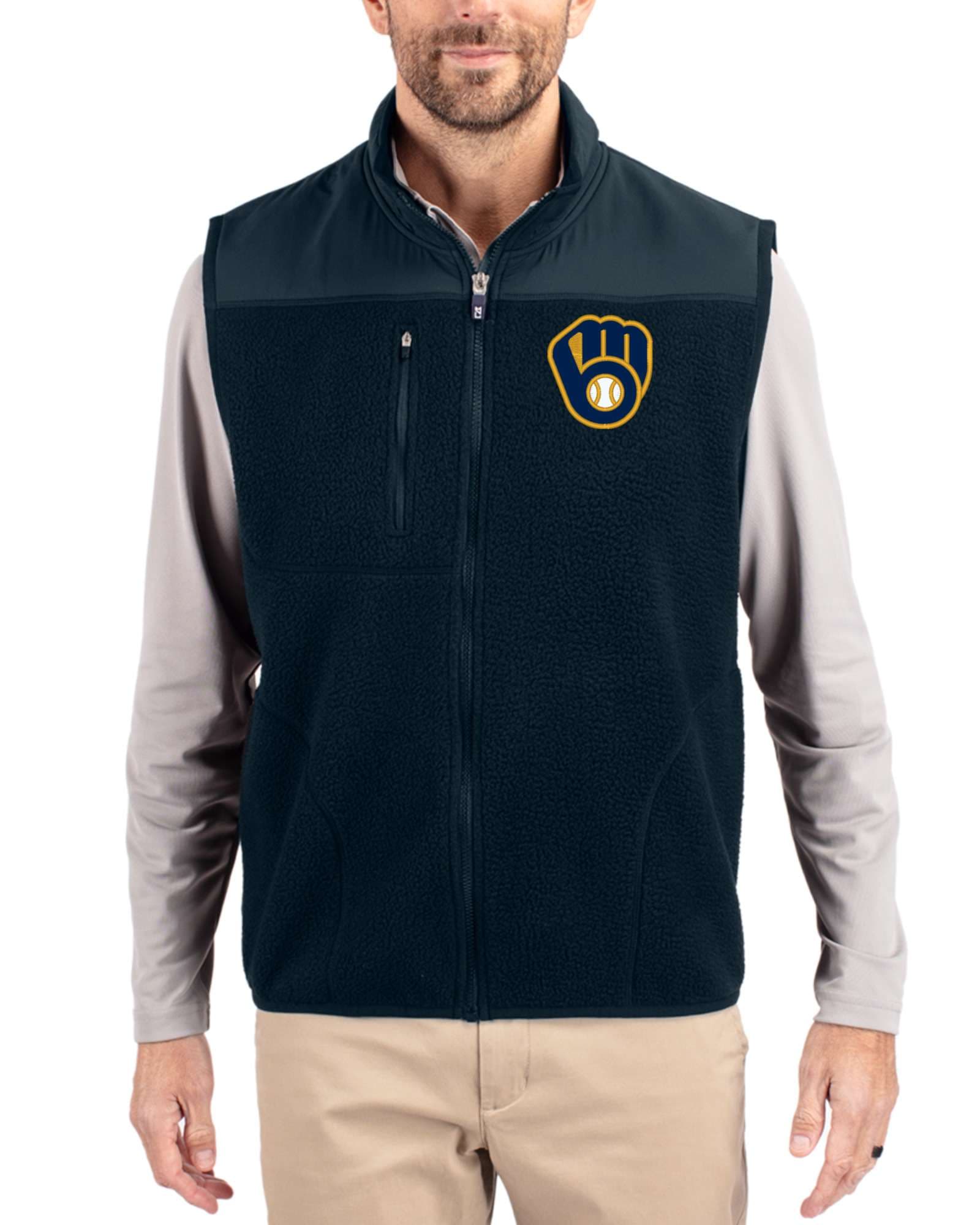 Men's Milwaukee Brewers Cutter & Buck Navy Blue Cascade Epic Comfort Sherpa Fleece Full Zip Vest