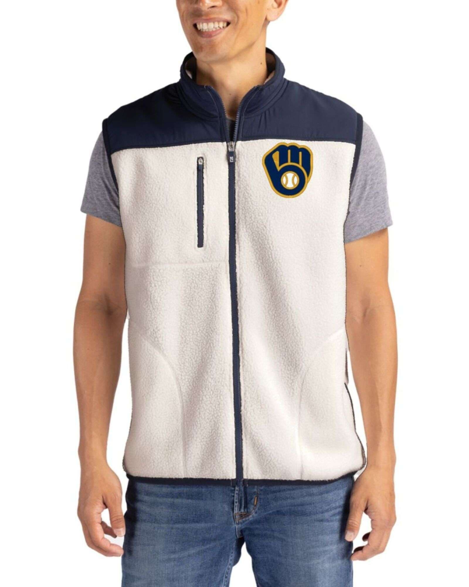 Men's Milwaukee Brewers Cutter & Buck Shell/Navy Blue Cascade Epic Comfort Sherpa Fleece Full Zip Vest